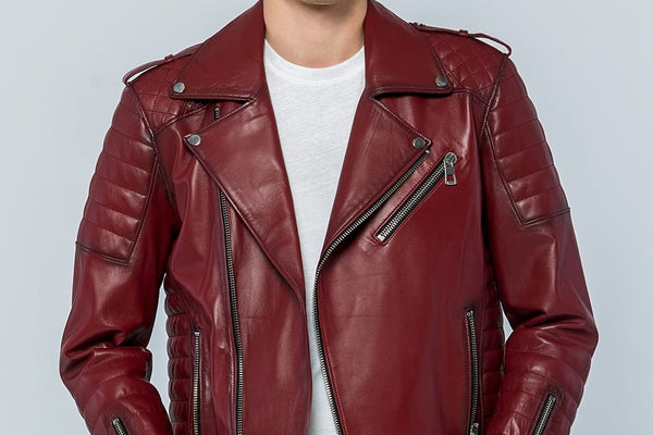 Erkek biker deri ceket açık bordo