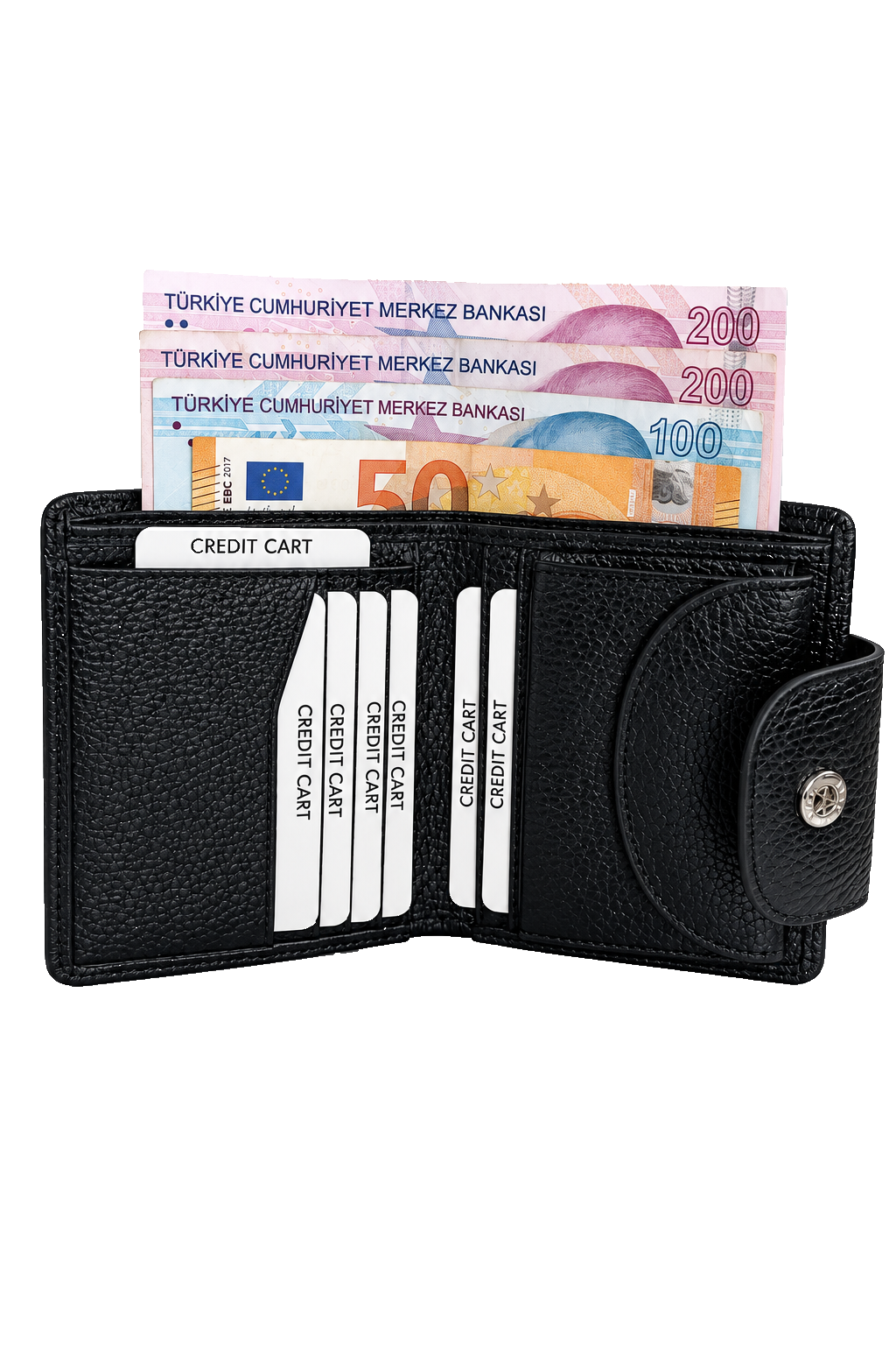 Kadın siyah hakiki deri çıtçıtlı cüzdan, açık iç görünüm, kart bölmeleri ve banknot gözü
