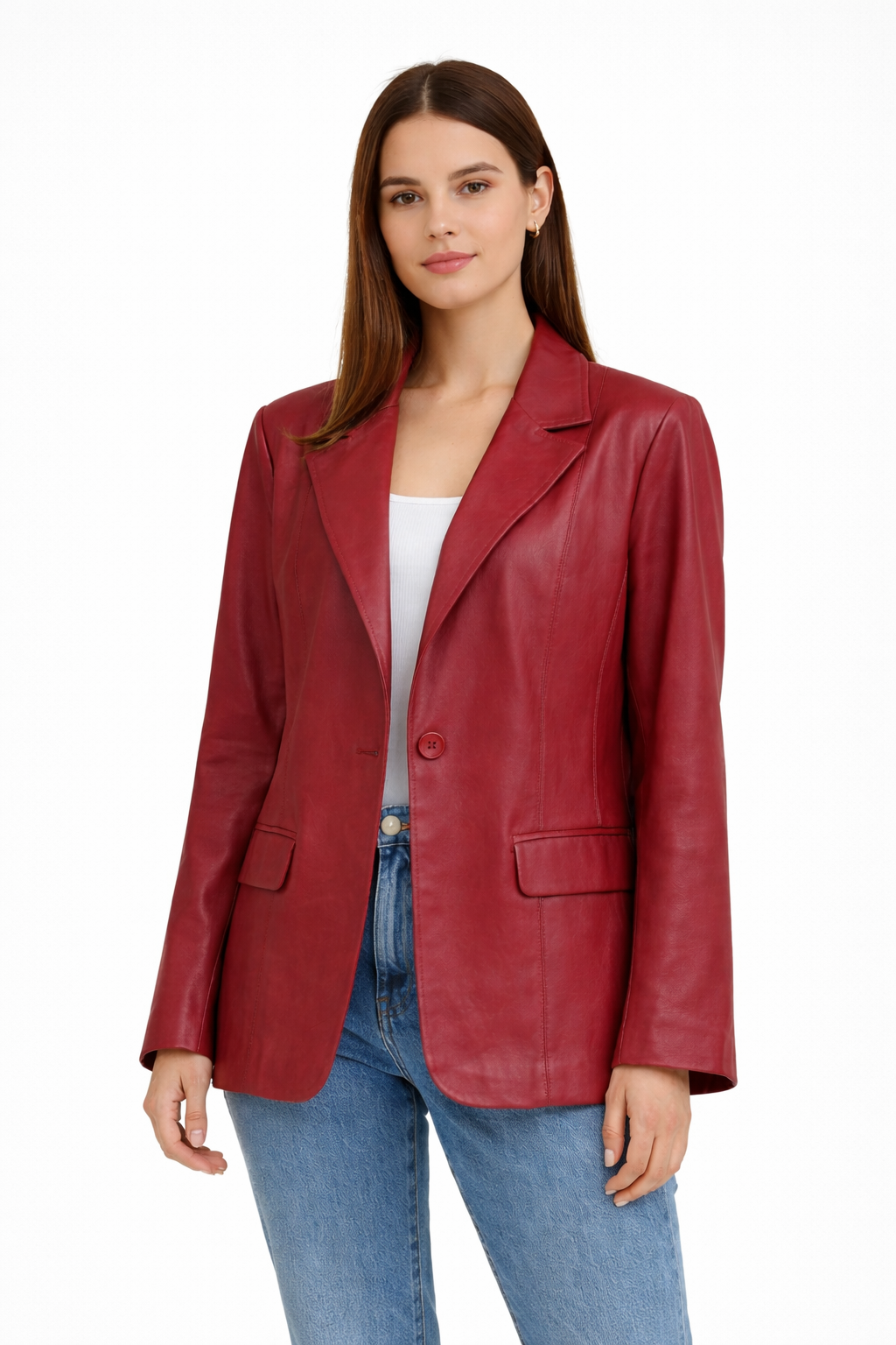 Kadın Tek Düğmeli Blazer Deri Ceket  Kırmızı
