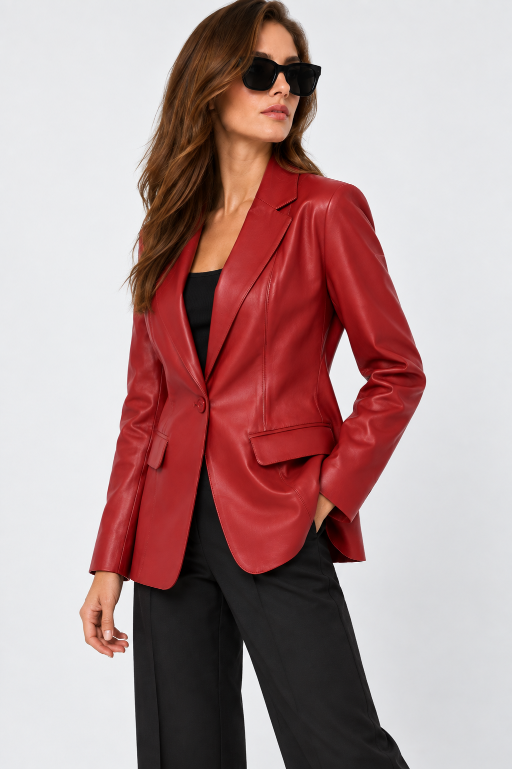 Kadın Tek Düğmeli Blazer Deri Ceket Kırmızı