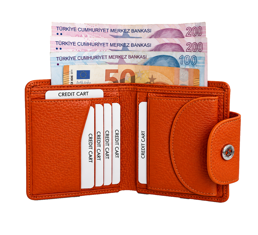 Kadın turuncu hakiki deri çıtçıtlı cüzdan, açık iç görünüm, kart bölmeleri ve banknot gözü