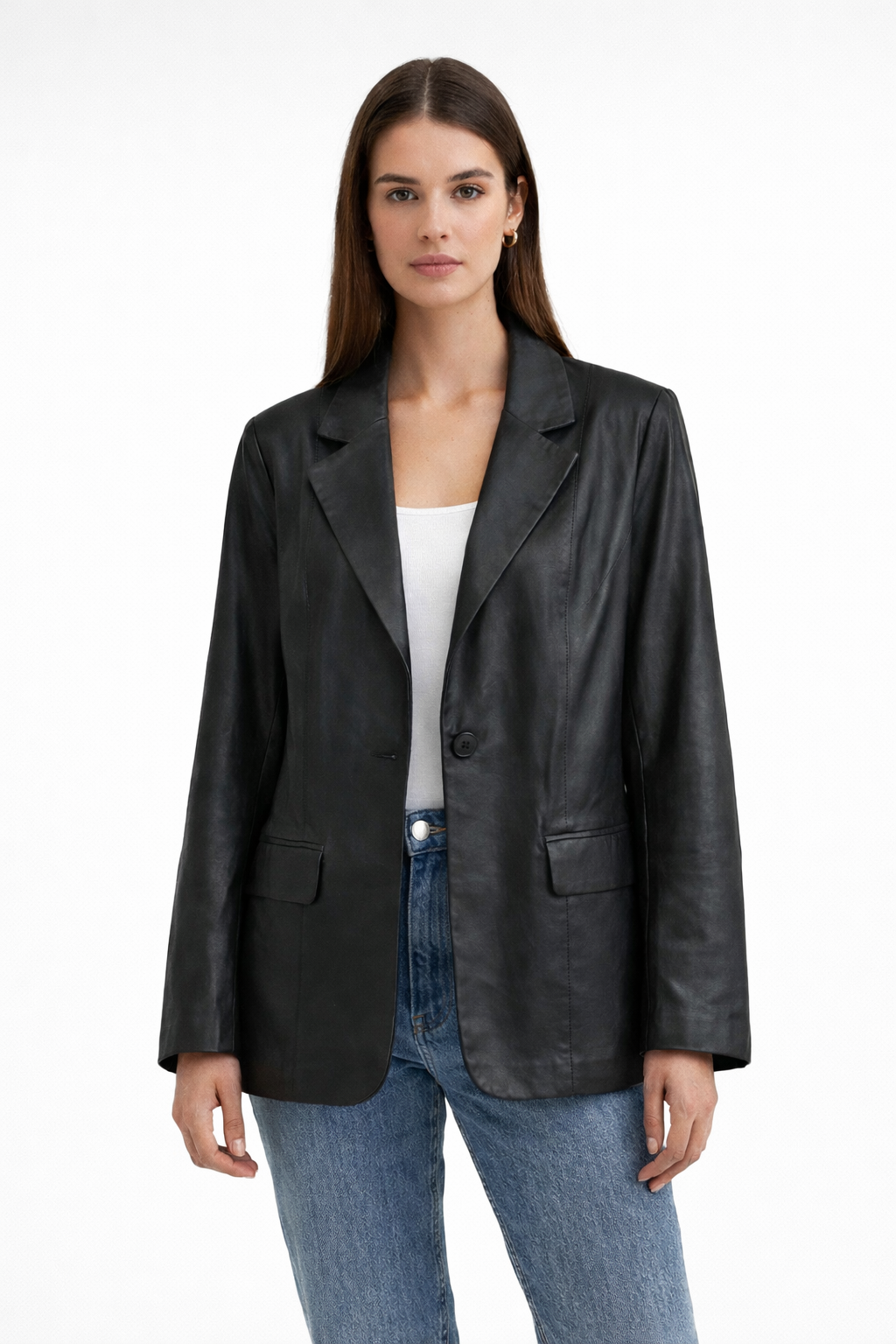 Kadın Tek Düğmeli Blazer Deri Ceket  Siyah