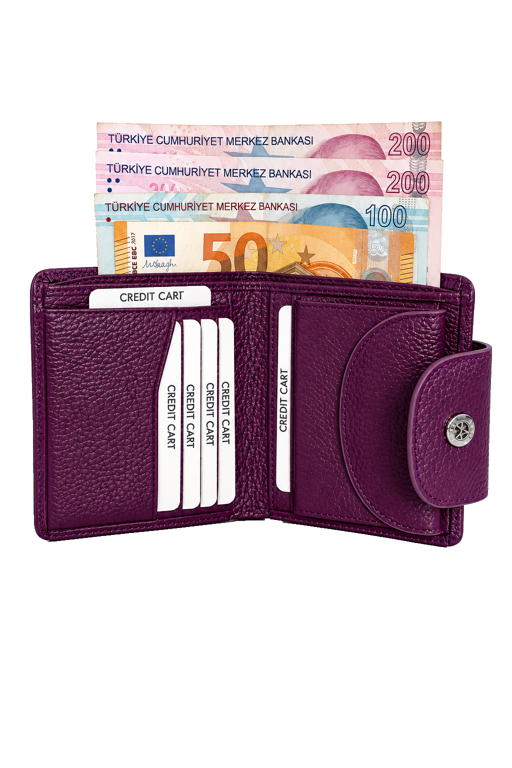 Kadın mor hakiki deri çıtçıtlı cüzdan, açık iç görünüm, kart bölmeleri ve banknot gözü
