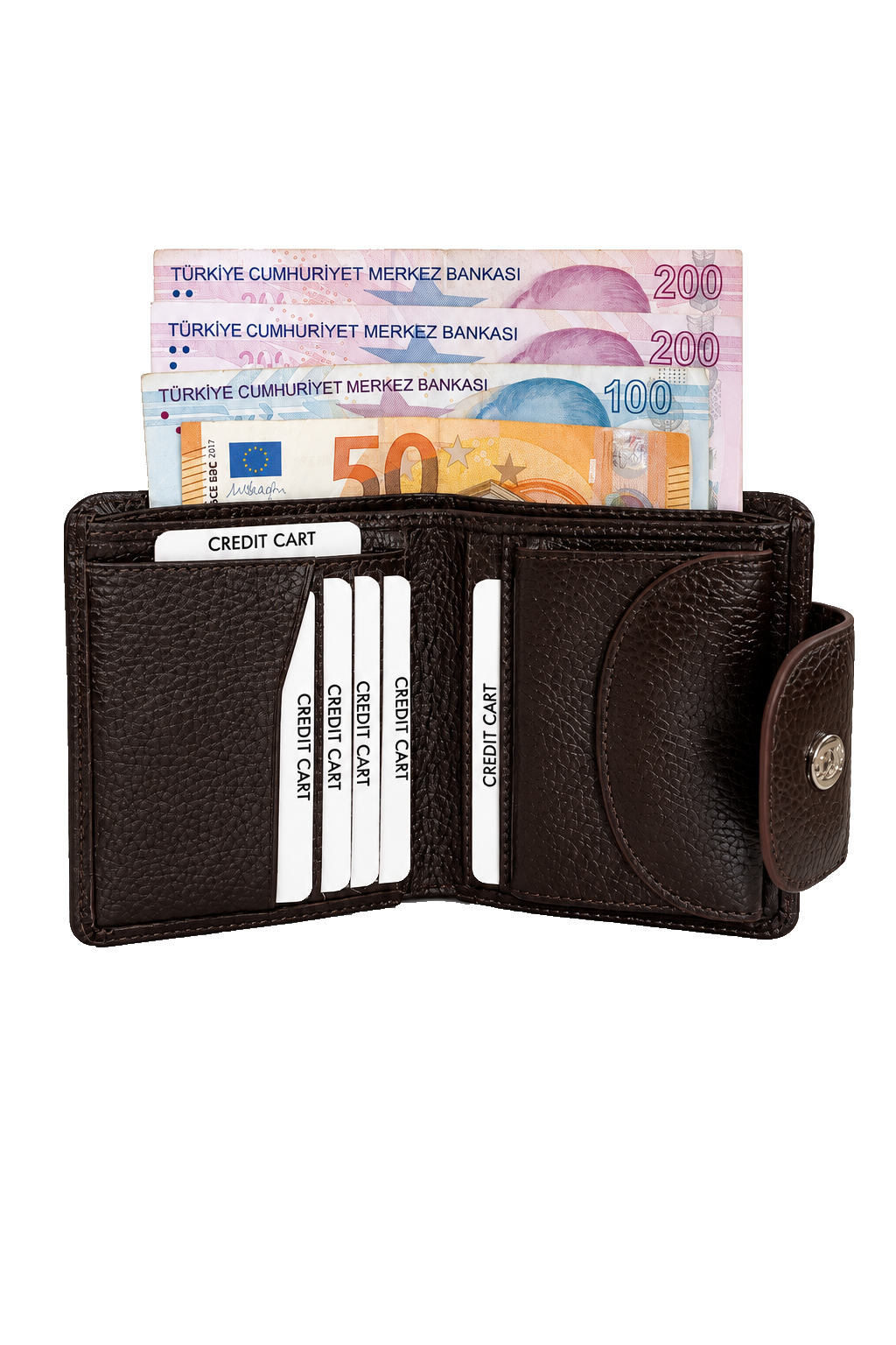 Kadın kahverengi hakiki deri çıtçıtlı cüzdan, açık iç görünüm, kart bölmeleri ve banknot gözü