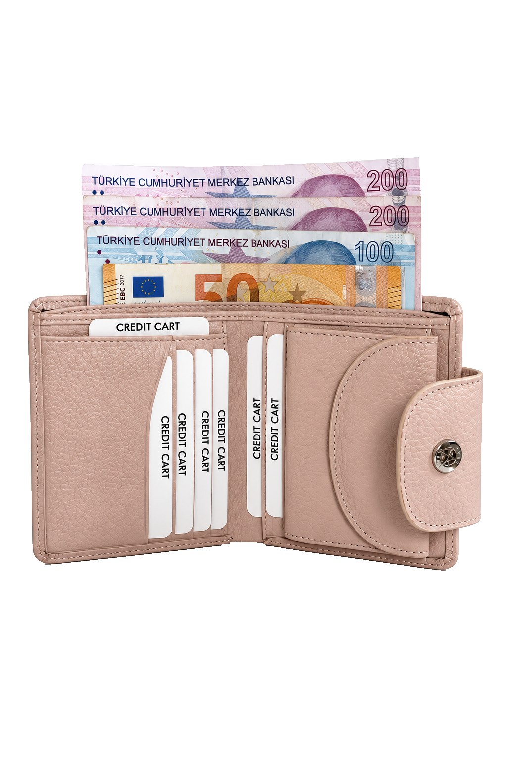 Kadın pudra hakiki deri çıtçıtlı cüzdan, açık iç görünüm, kart bölmeleri ve banknot gözü