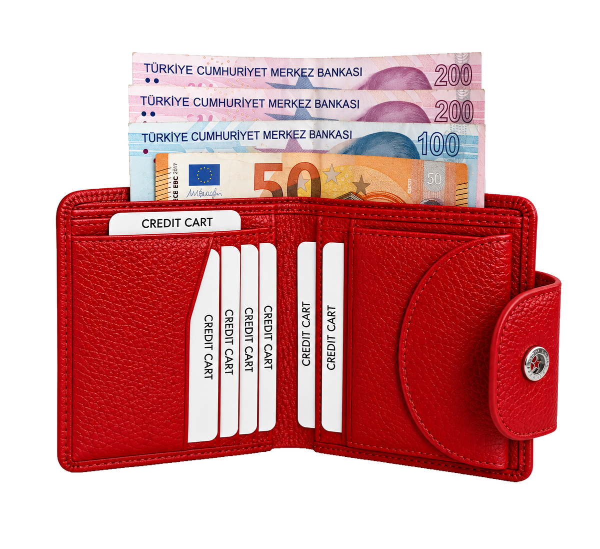 Kadın kırmızı hakiki deri çıtçıtlı cüzdan, açık iç görünüm, kart bölmeleri ve banknot gözü