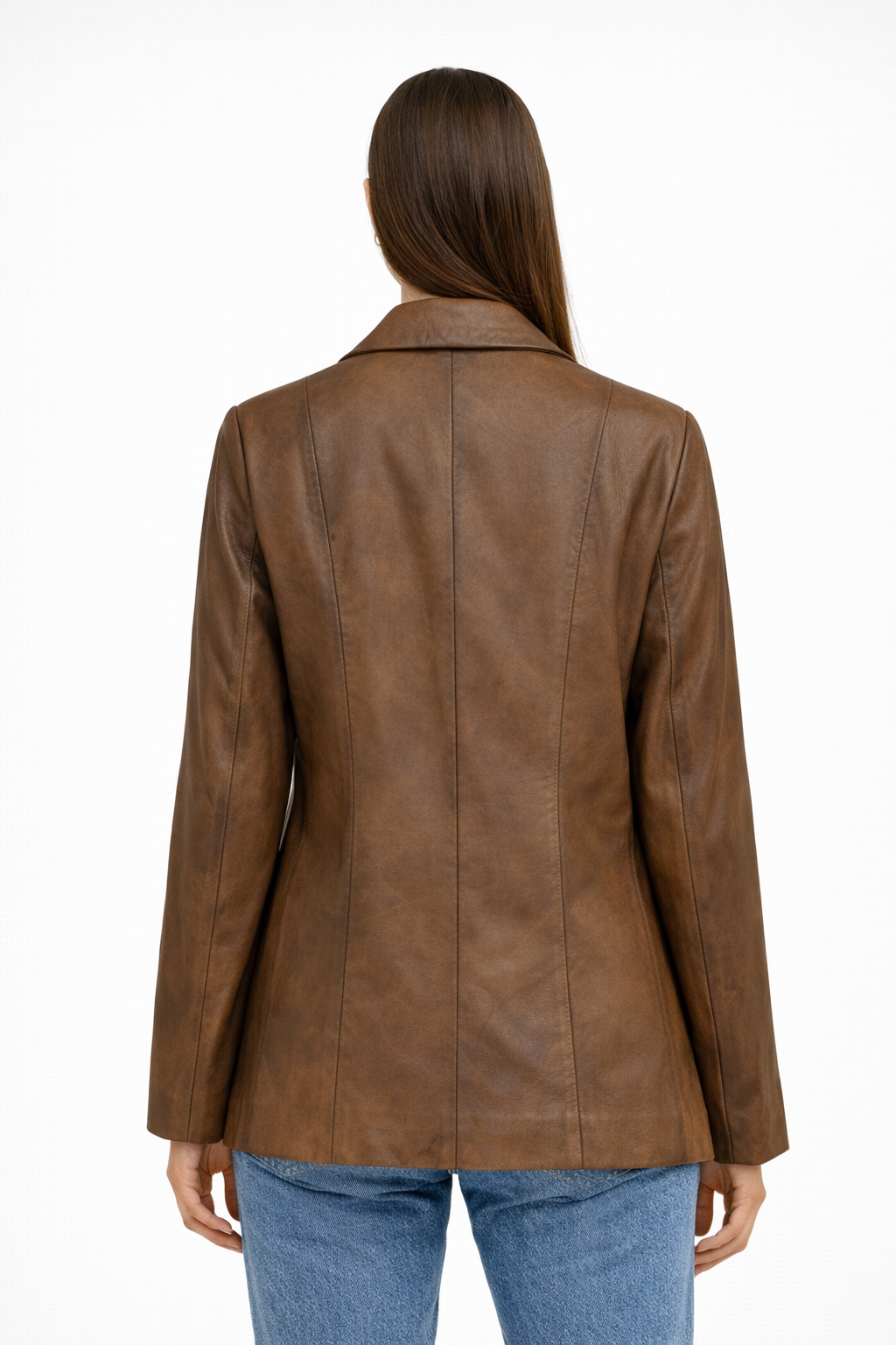 Kadın Tek Düğmeli Blazer Deri Ceket  Kestane