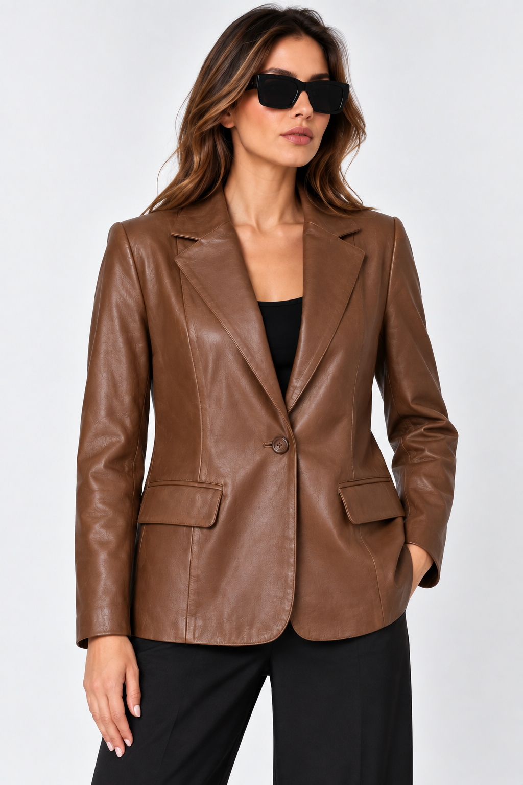 Kadın Tek Düğmeli Blazer Deri Ceket Kestane