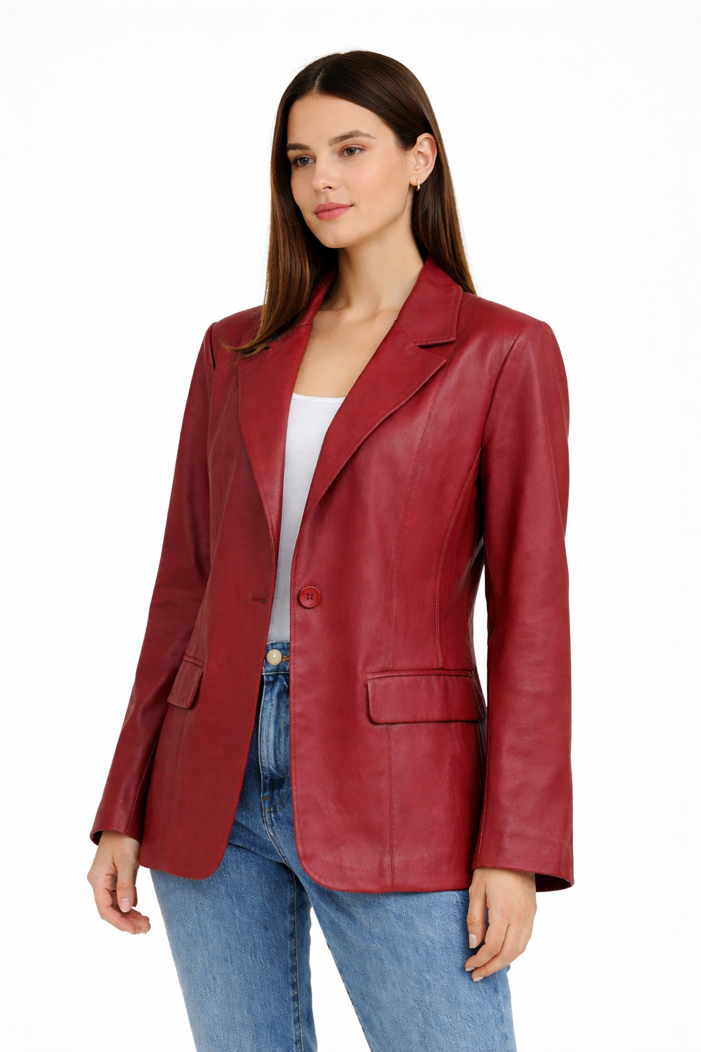 Kadın Tek Düğmeli Blazer Deri Ceket  Kırmızı