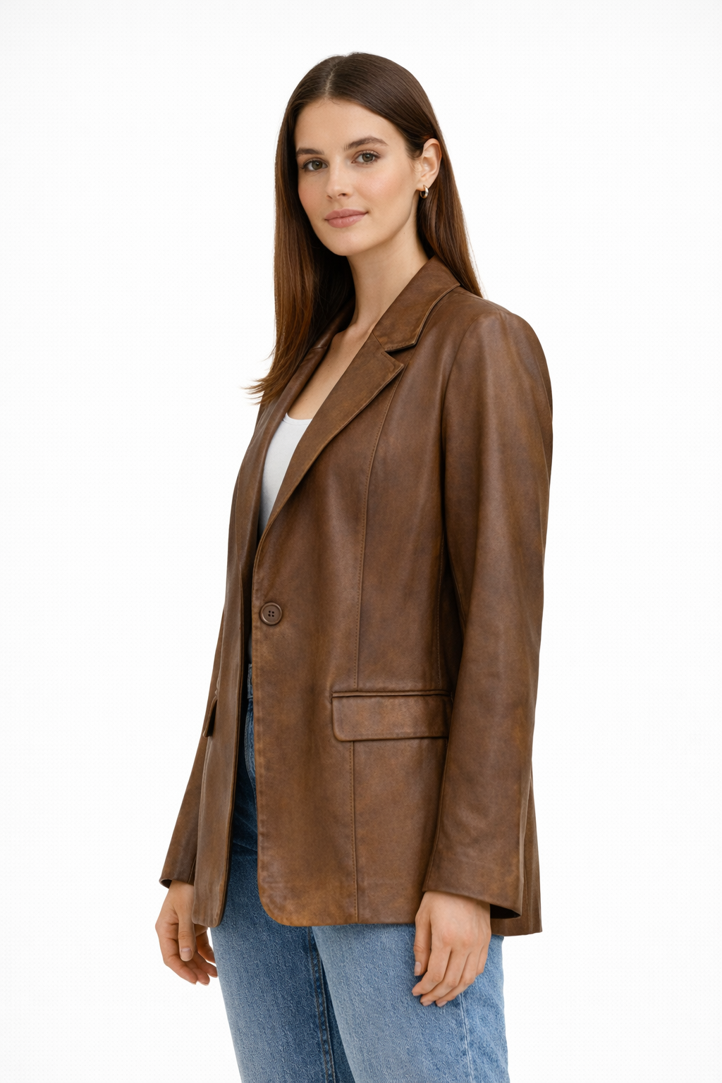 Kadın Tek Düğmeli Blazer Deri Ceket  Kestane