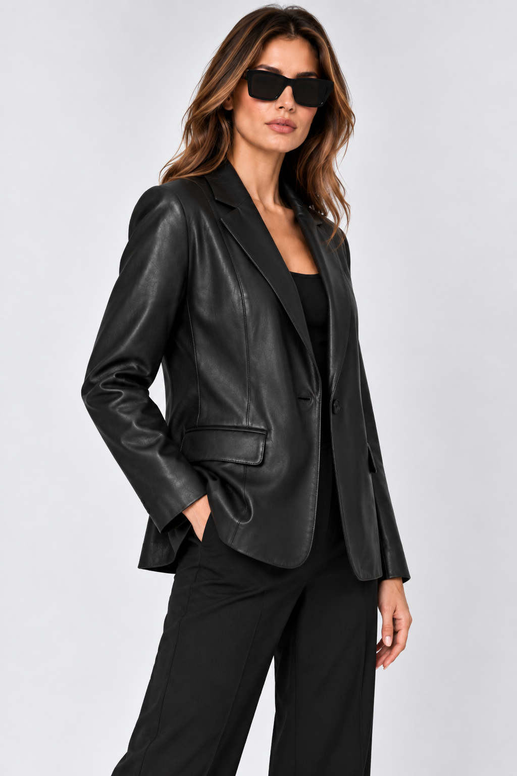 Kadın Tek Düğmeli Blazer Deri Ceket Siyah