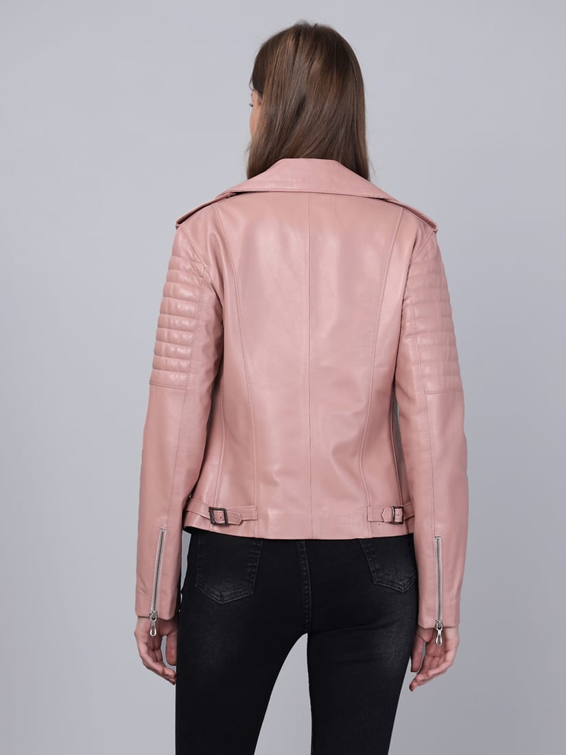 Kadin Biker Deri Ceket  Acik Pembe - Image 5