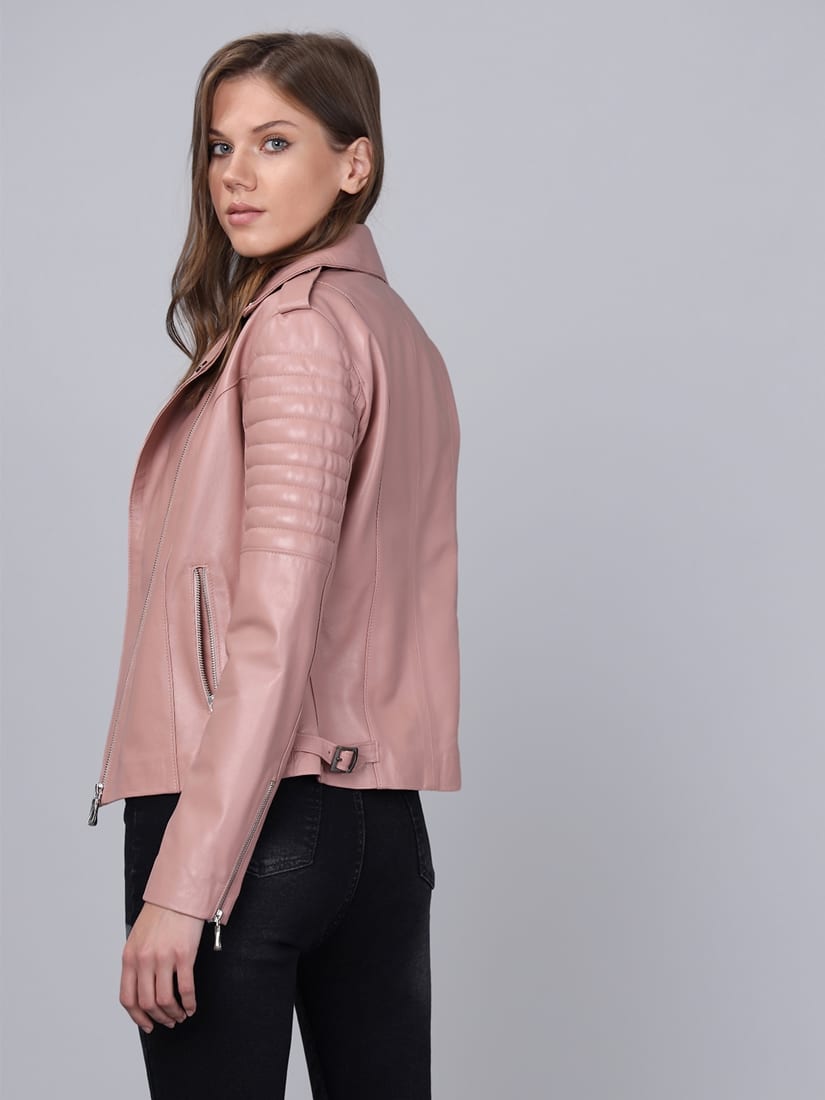 Kadin Biker Deri Ceket  Acik Pembe - Image 6