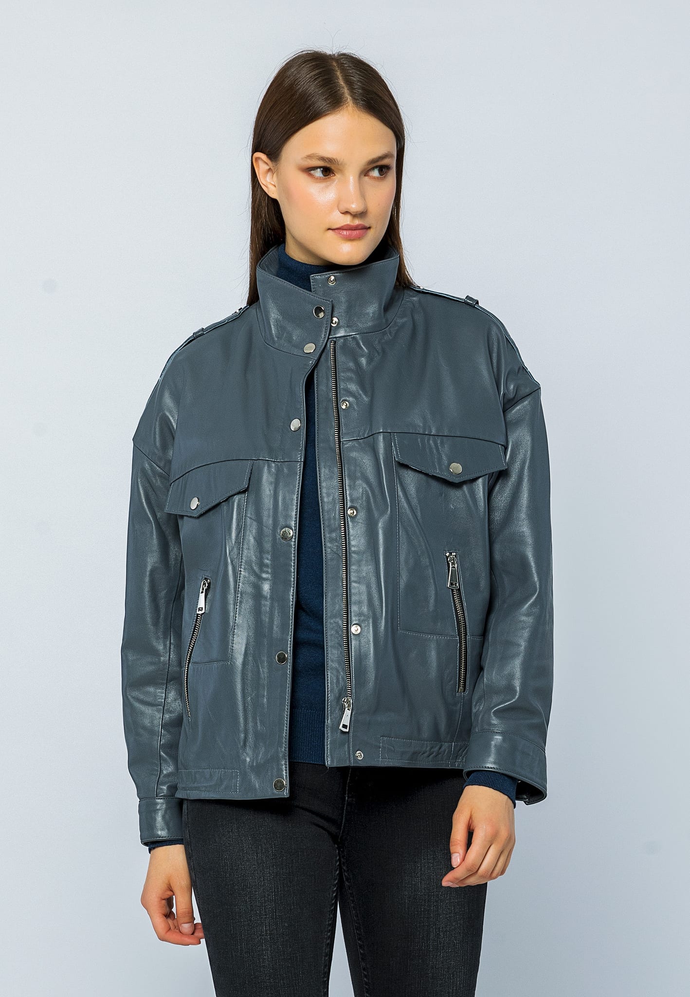 Kadin Oversize Deri Ceket Gri - Image 1