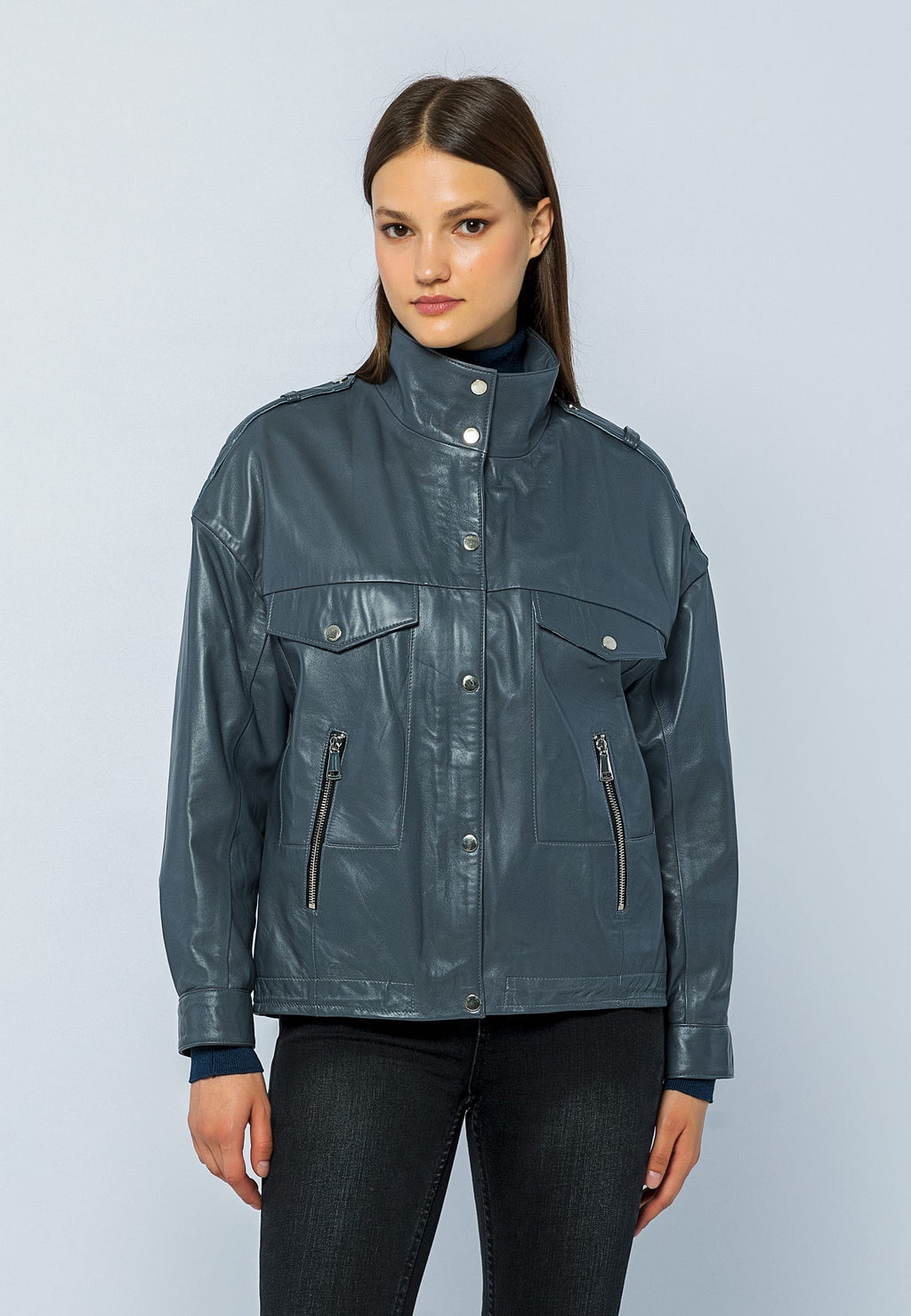 Kadin Oversize Deri Ceket Gri - Image 2