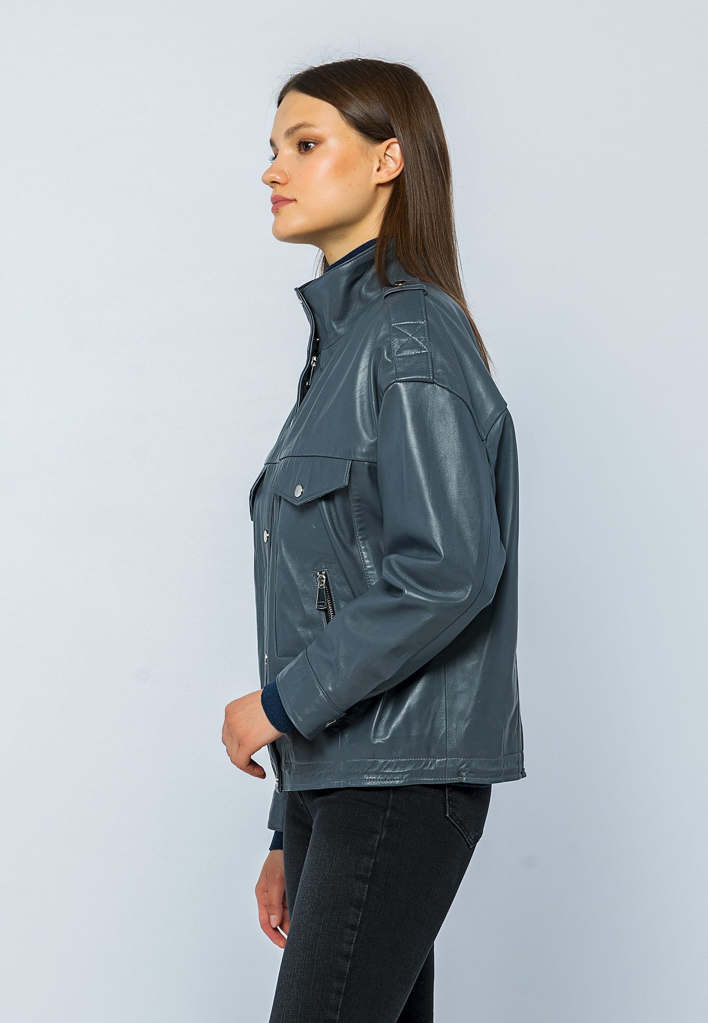 Kadin Oversize Deri Ceket Gri - Image 3
