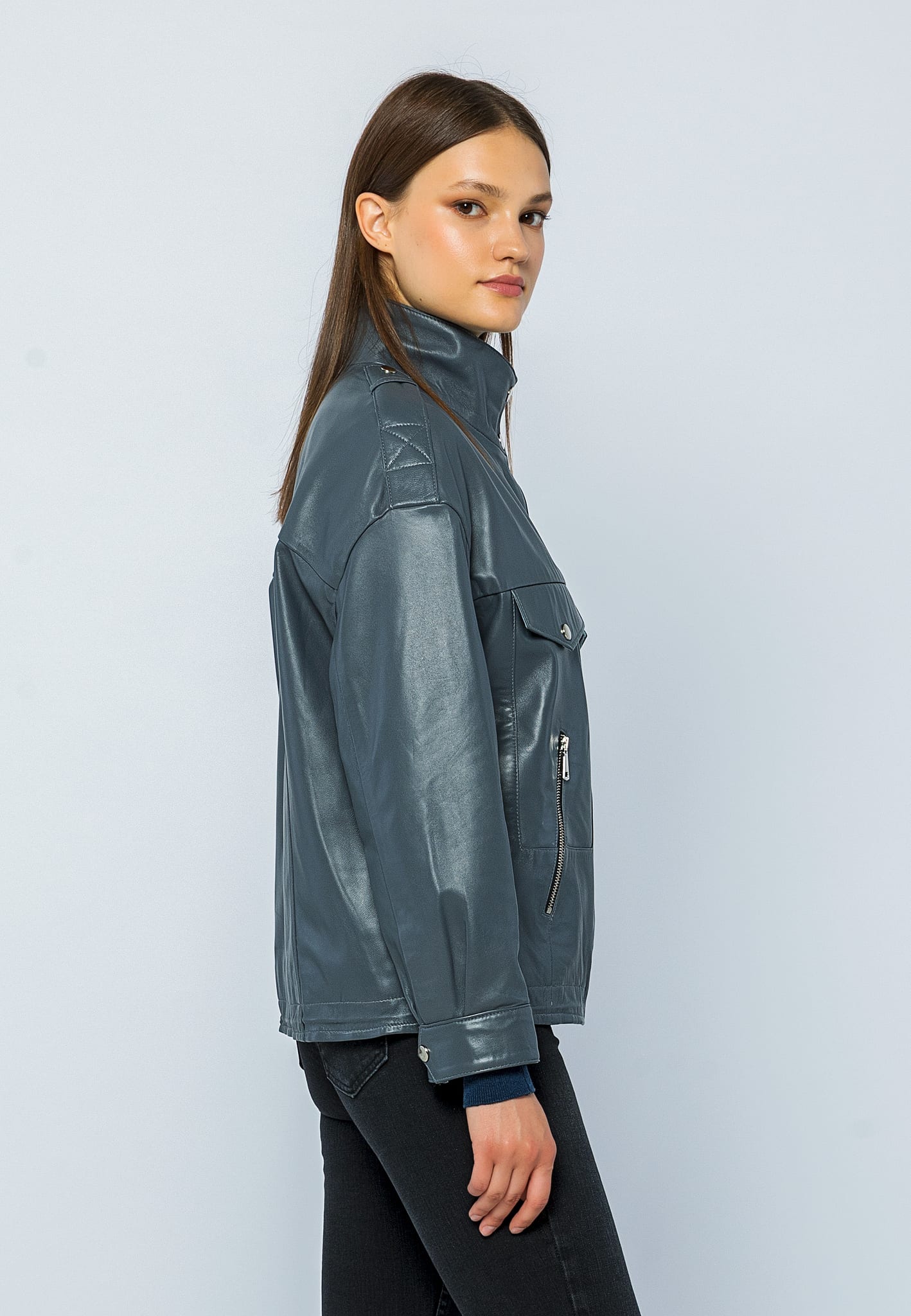 Kadin Oversize Deri Ceket Gri - Image 4