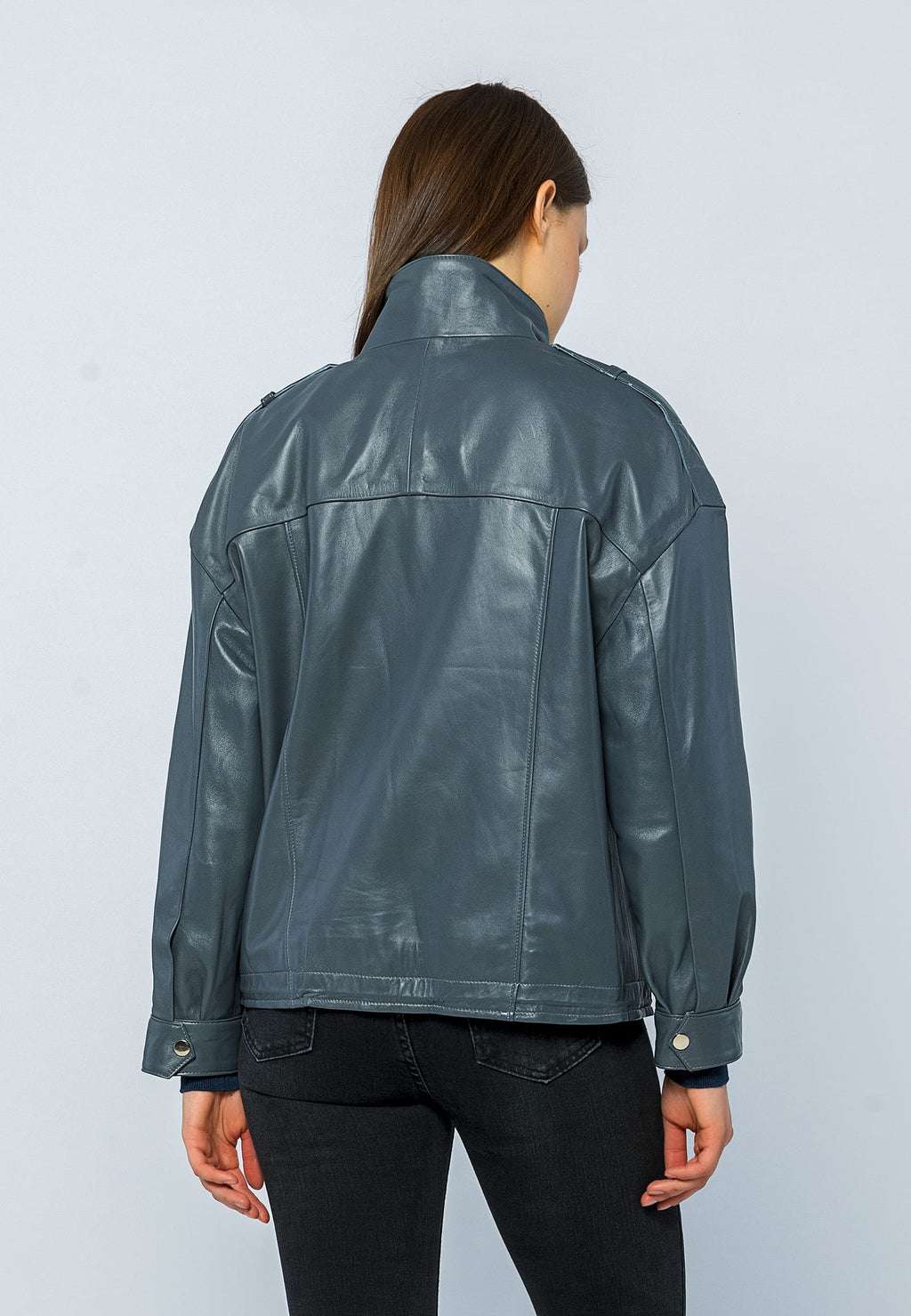 Kadin Oversize Deri Ceket Gri - Image 5