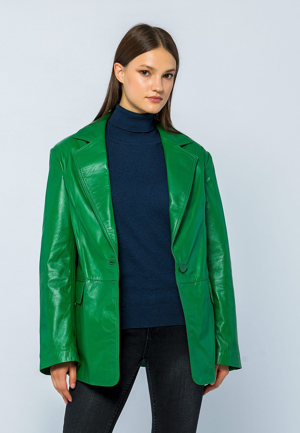 Kadin Oversize Blazer Deri Ceket Yesil - Image 1