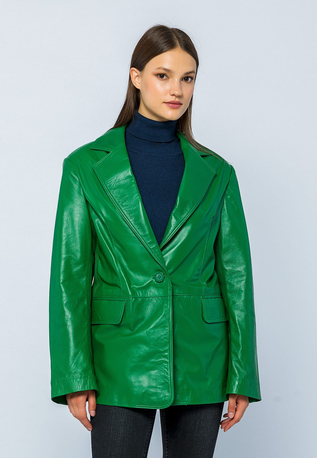 Kadin Oversize Blazer Deri Ceket Yesil - Image 2