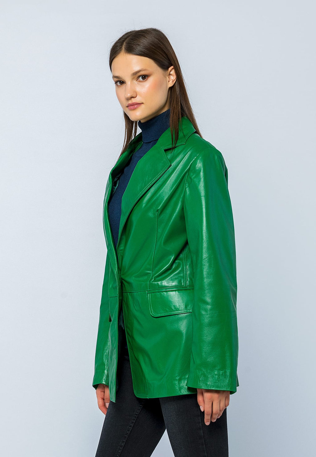 Kadin Oversize Blazer Deri Ceket Yesil - Image 3