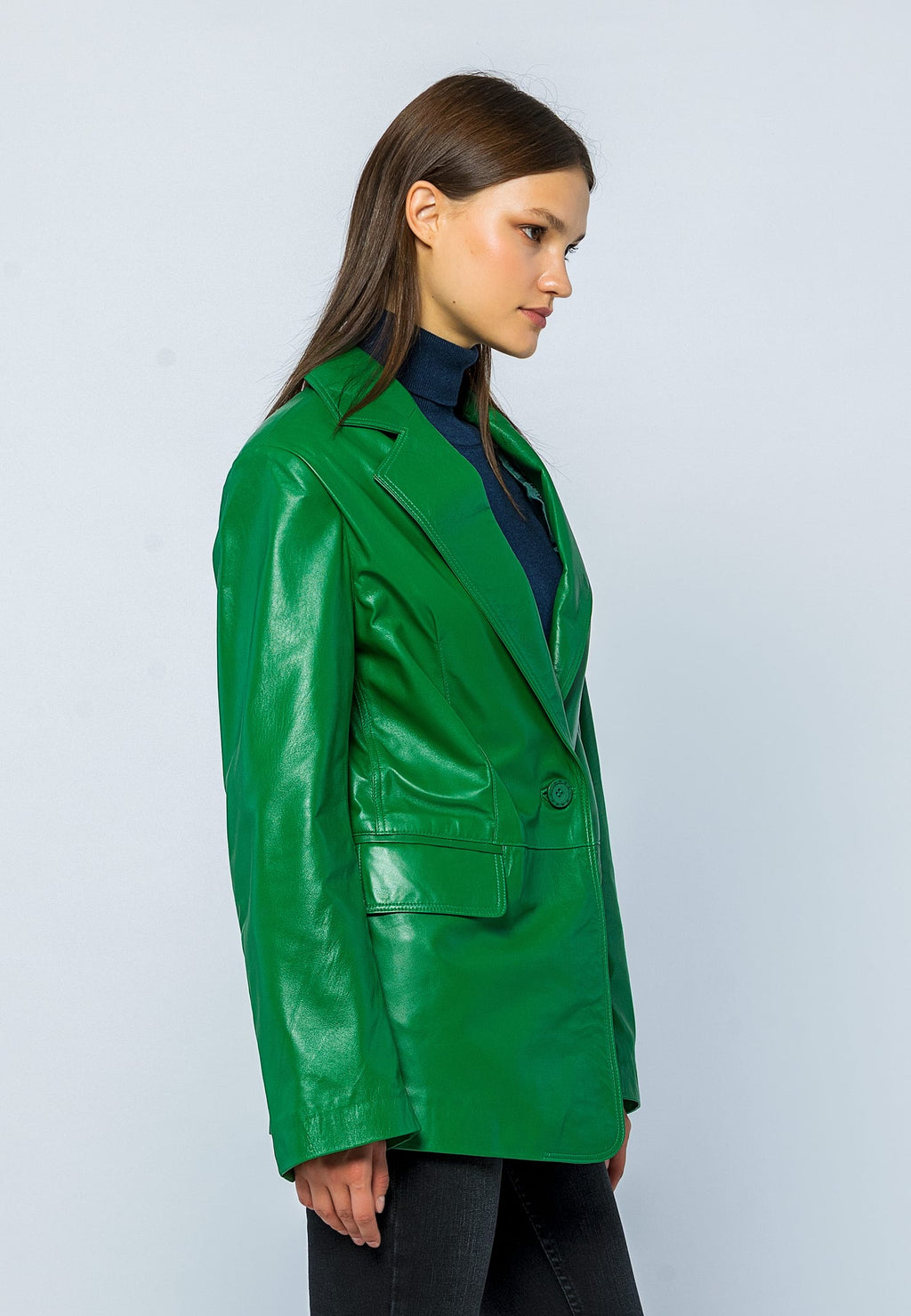 Kadin Oversize Blazer Deri Ceket Yesil - Image 4