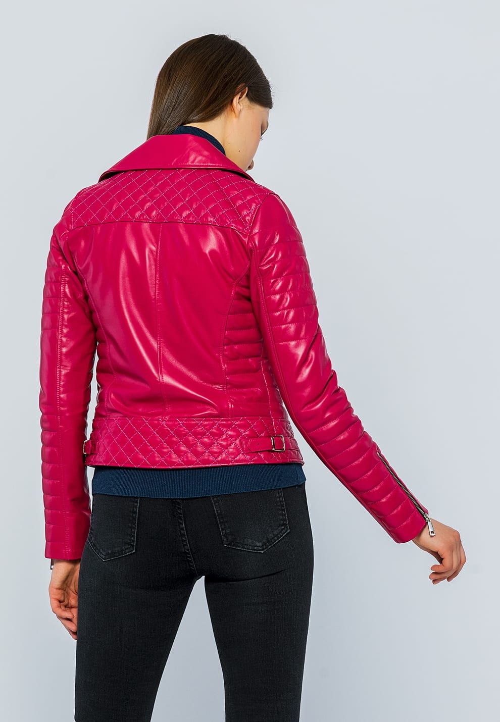 Kadin Motorcu Deri Ceket Fusya - Image 5
