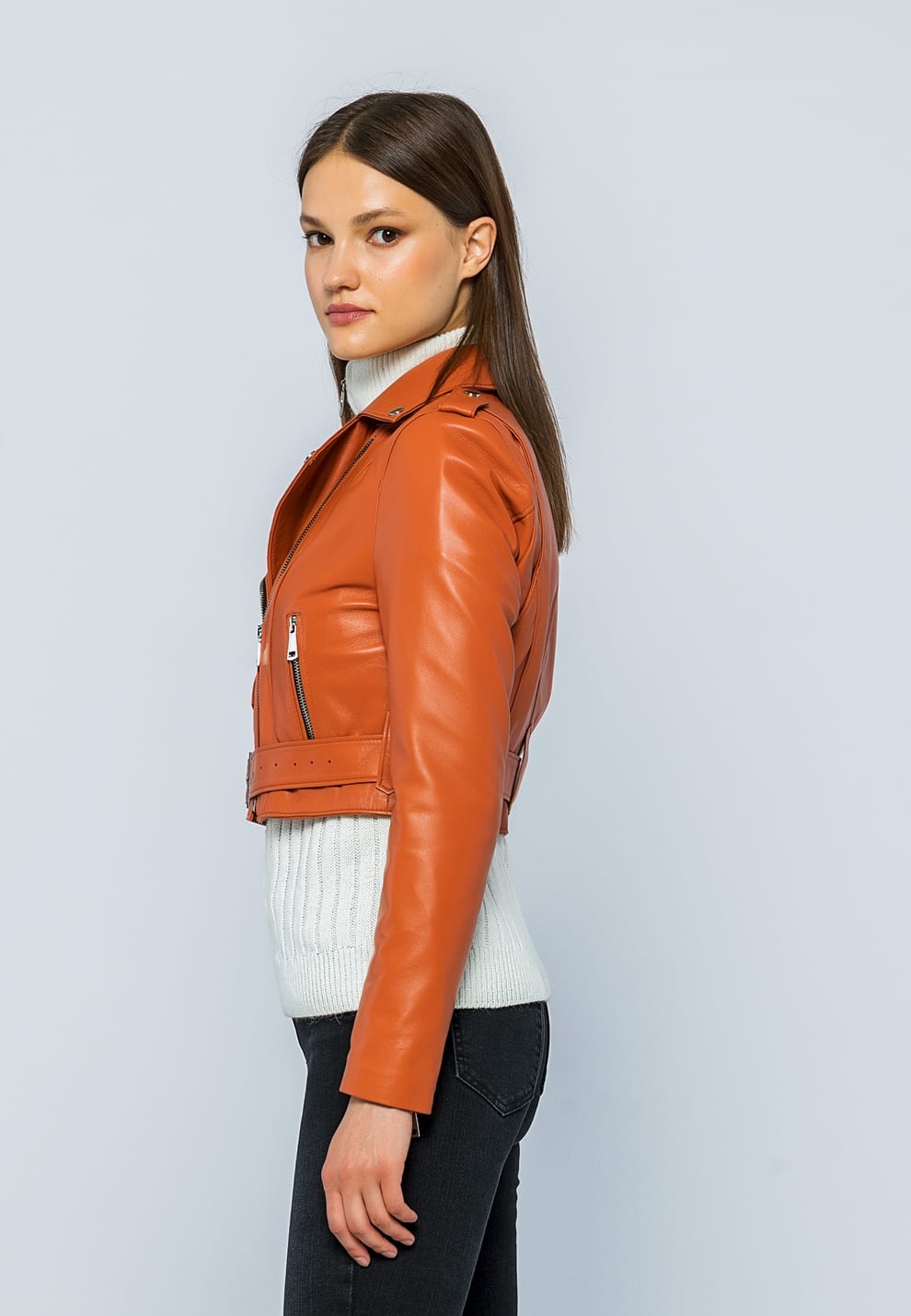 Kadin Kemerli Kisa Deri Ceket Turuncu - Image 3