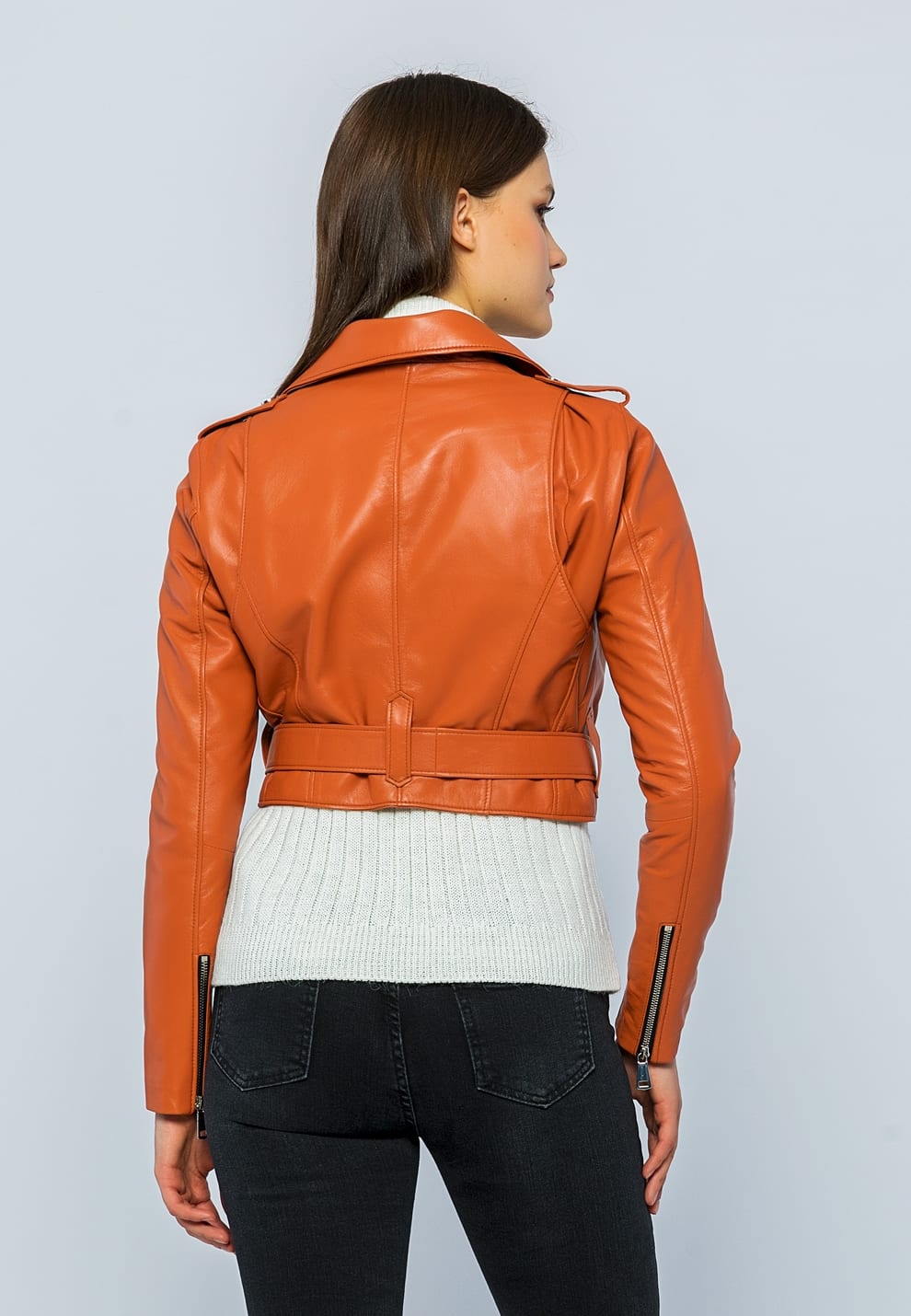 Kadin Kemerli Kisa Deri Ceket Turuncu - Image 5
