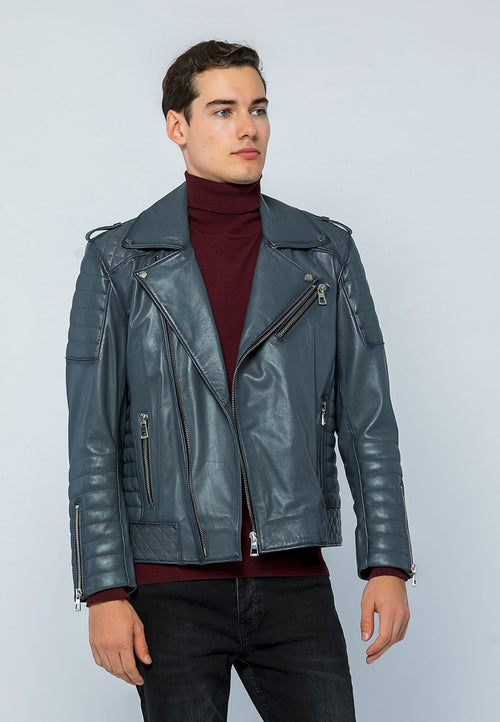Erkek Biker Deri Ceket  Gri - Image 1
