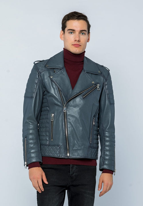 Erkek Biker Deri Ceket  Gri - Image 2