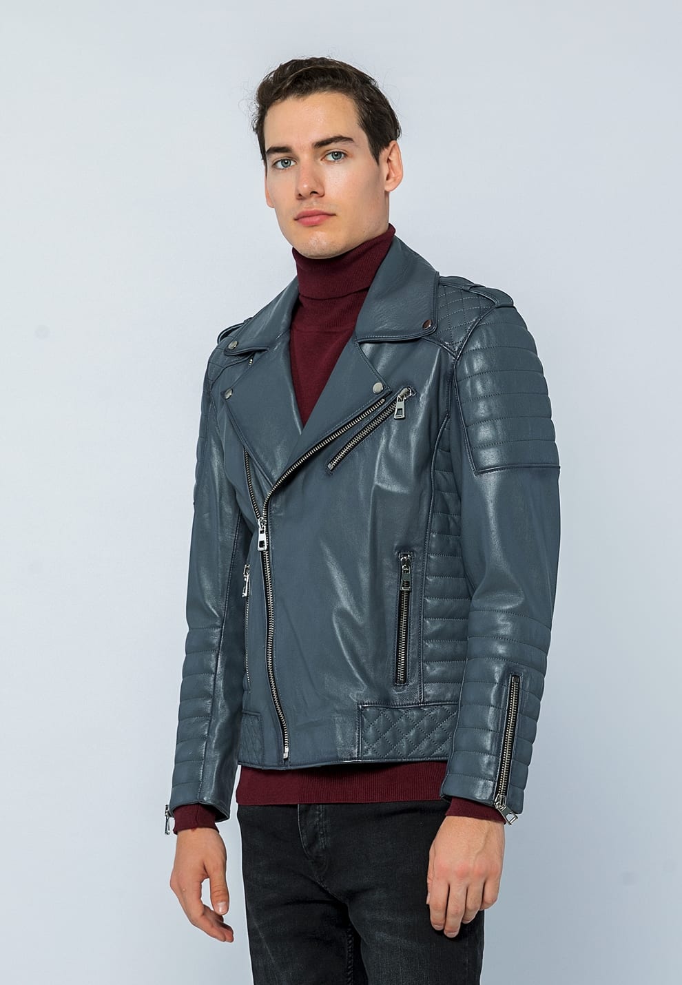 Erkek Biker Deri Ceket  Gri - Image 3