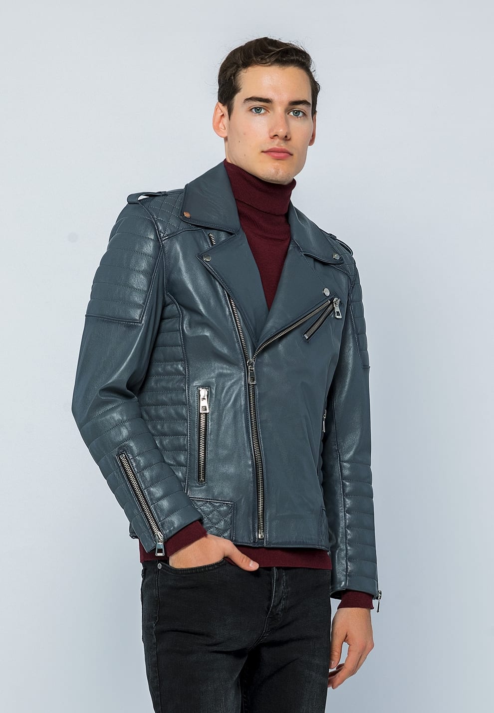 Erkek Biker Deri Ceket  Gri - Image 4
