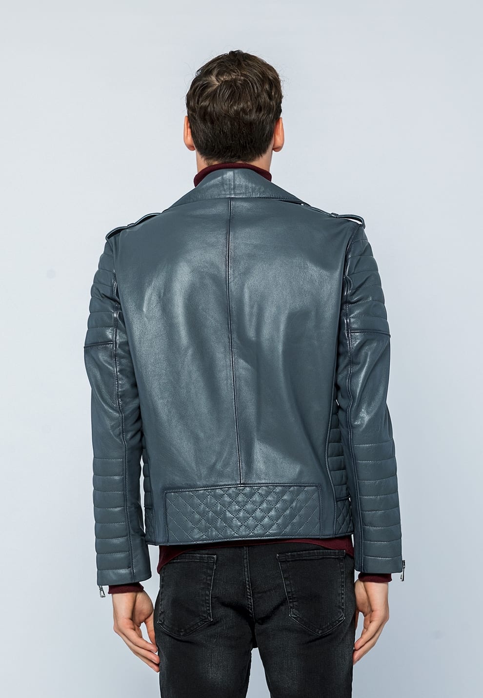 Erkek Biker Deri Ceket  Gri - Image 5
