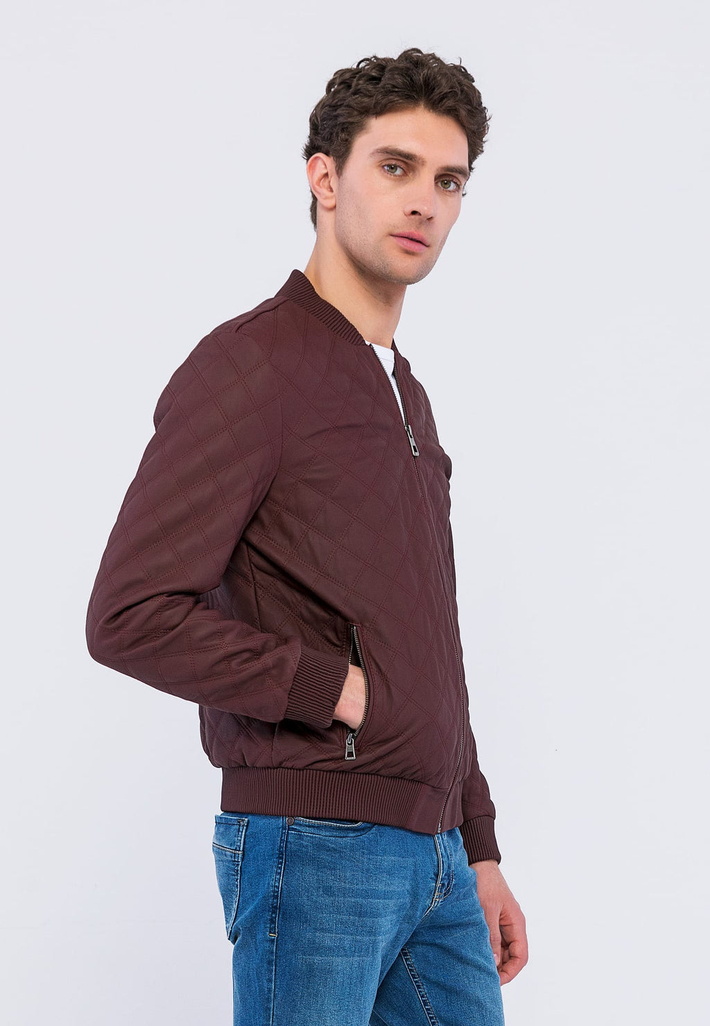 Erkek Kapitone Dikisli Deri Ceket Bordo - Image 3