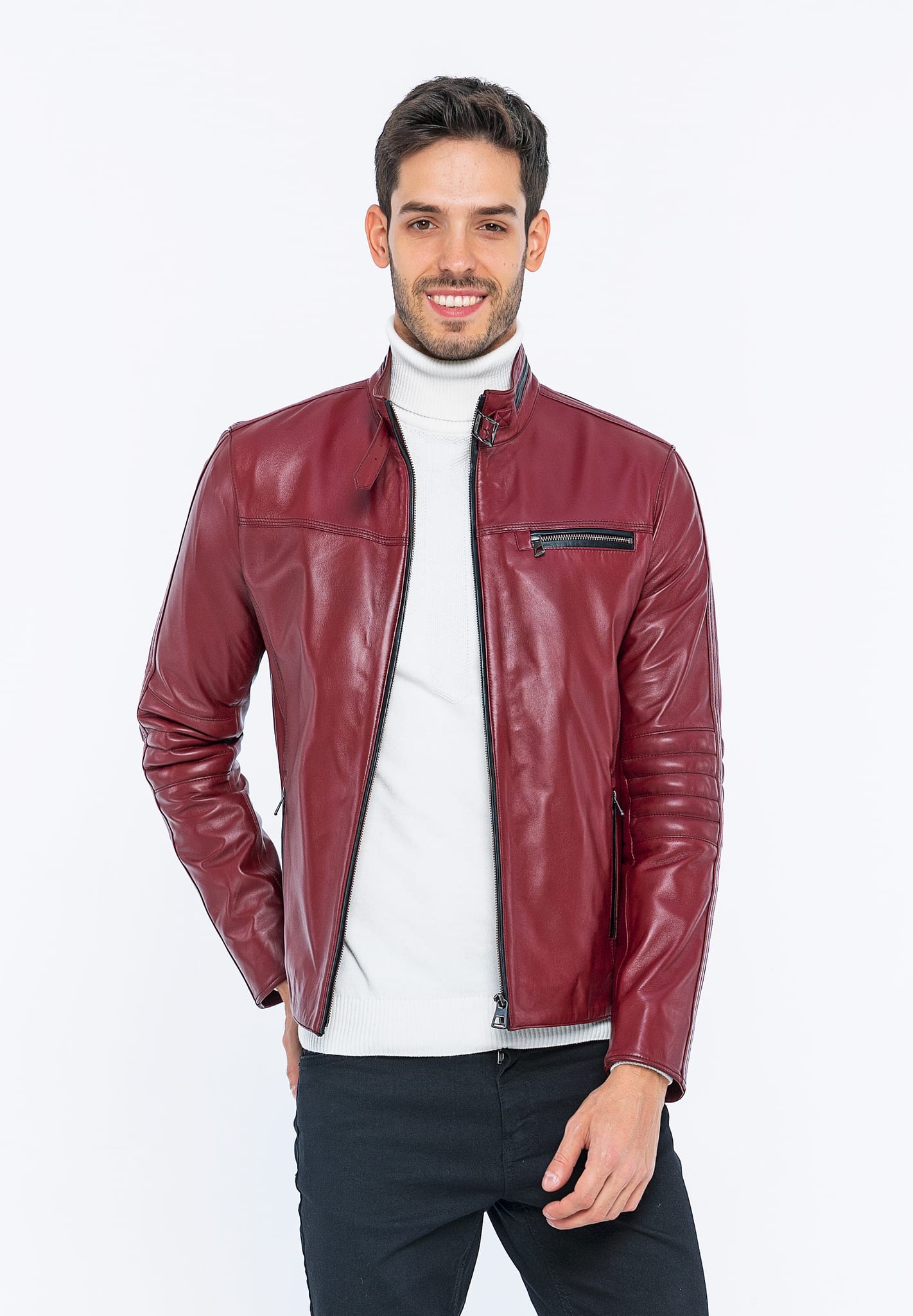 Erkek Fermuar Detayli Deri Ceket Bordo - Image 1