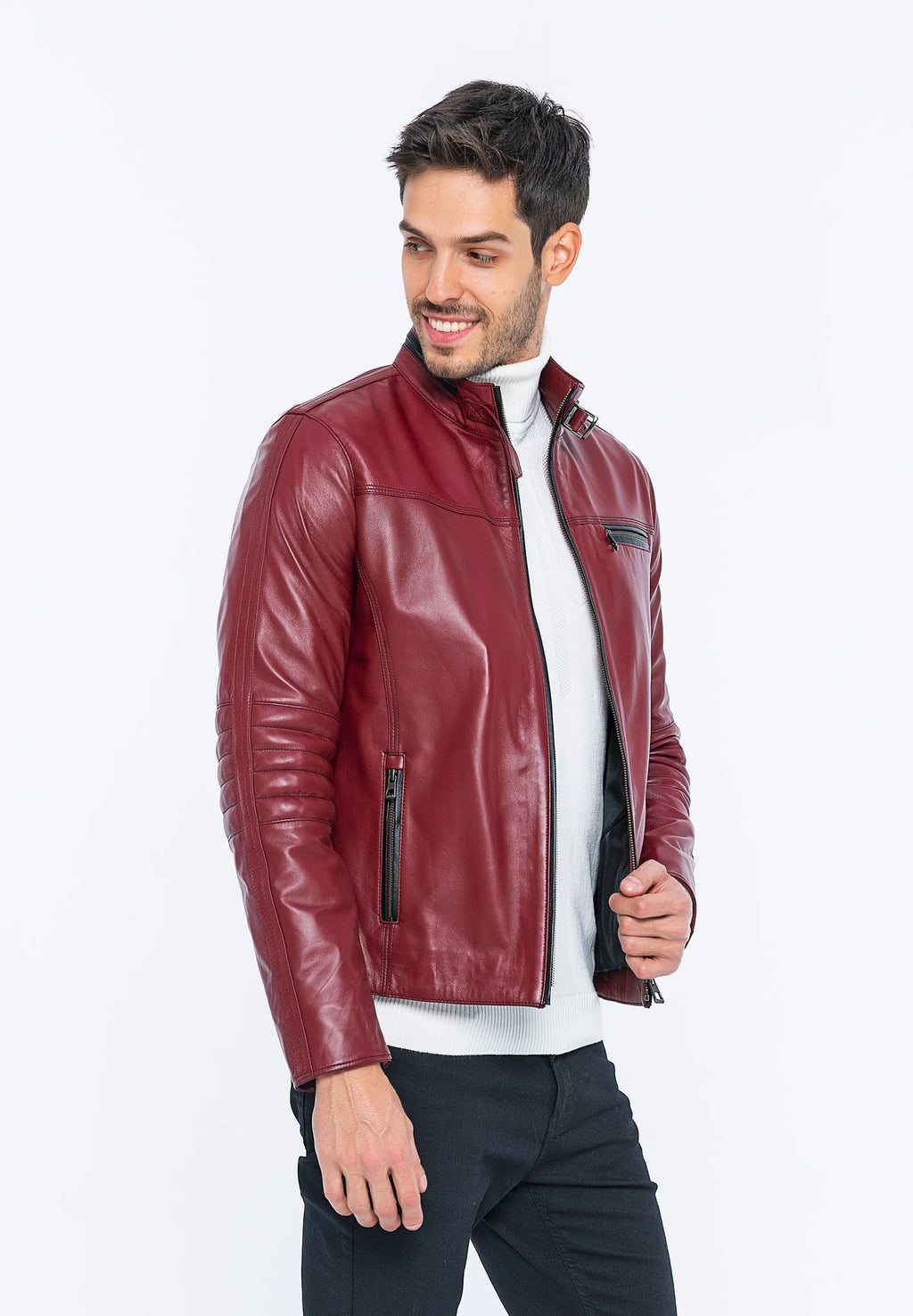 Erkek Fermuar Detayli Deri Ceket Bordo - Image 3