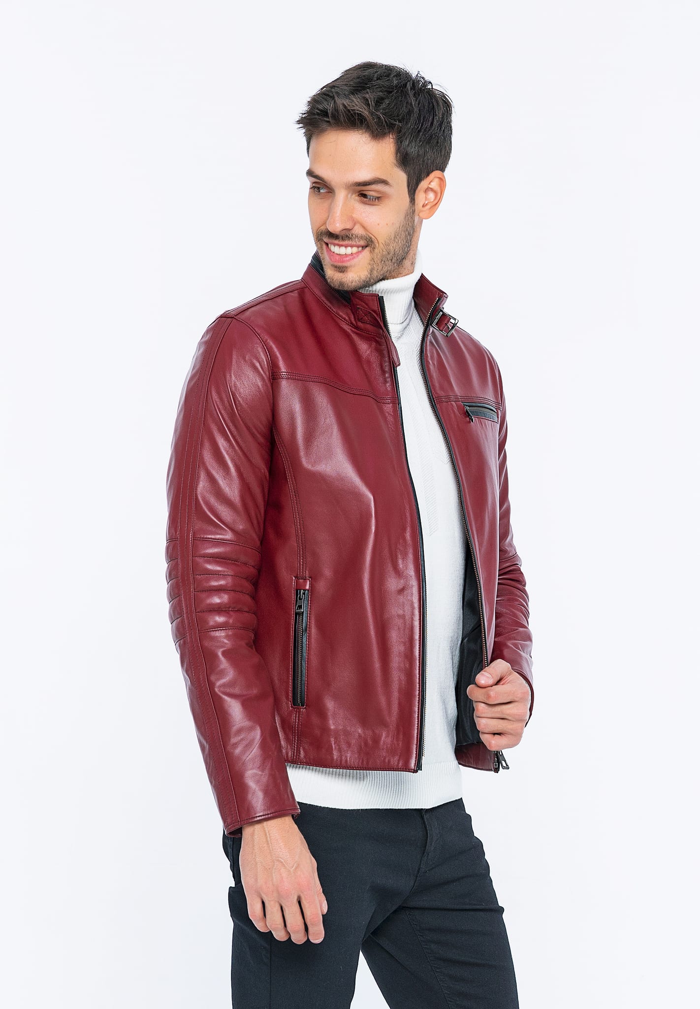 Erkek Fermuar Detayli Deri Ceket Bordo - Image 3