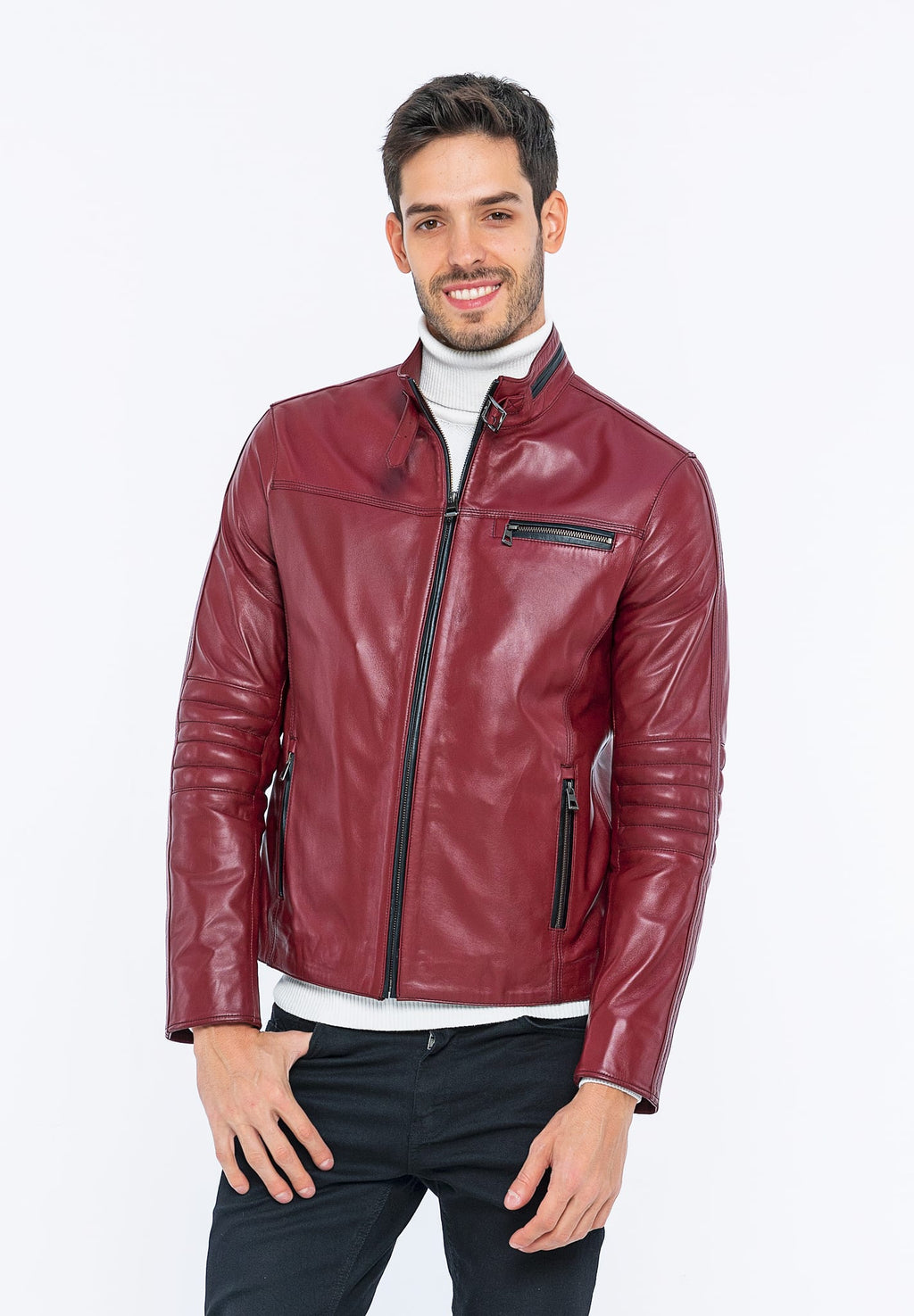Erkek Fermuar Detayli Deri Ceket Bordo - Image 5