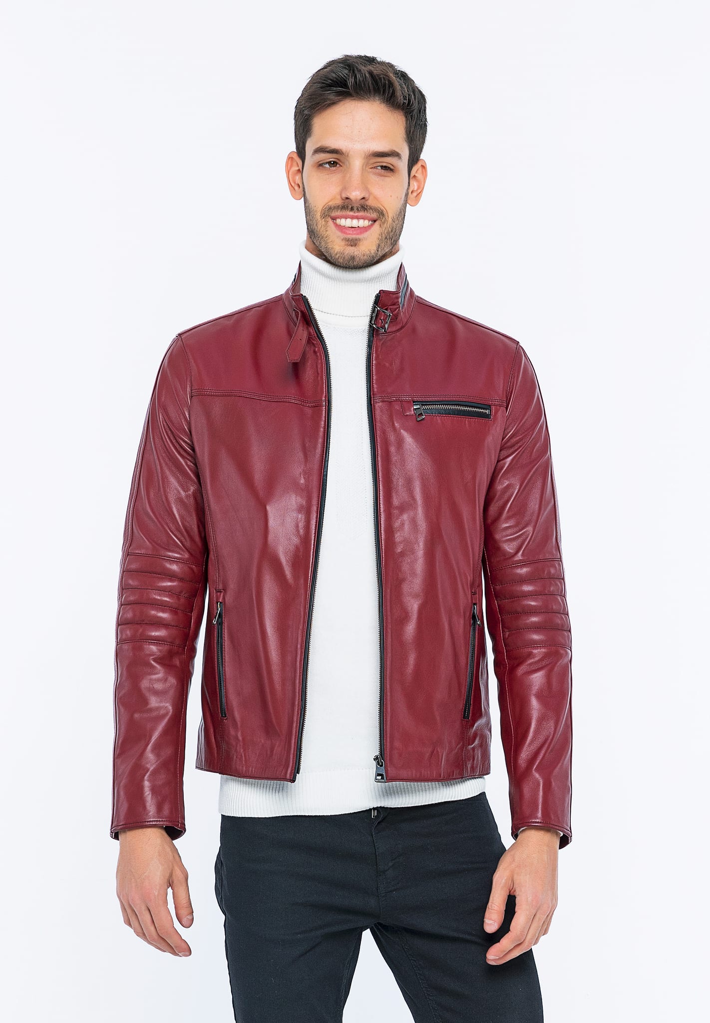 Erkek Fermuar Detayli Deri Ceket Bordo - Image 6