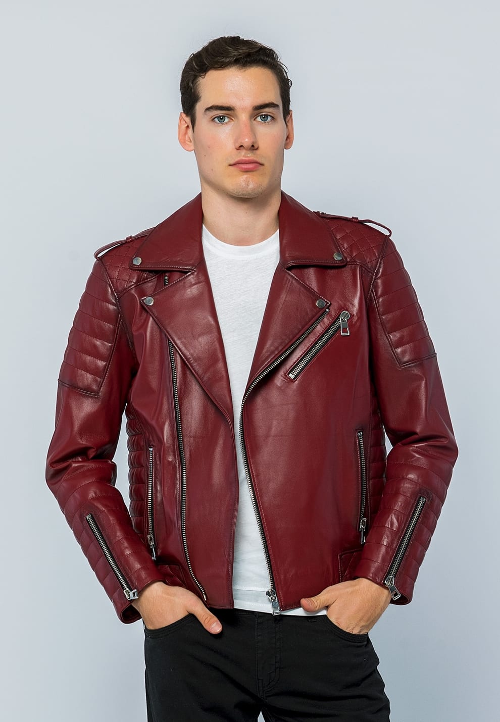 Erkek Biker Deri Ceket  Acik Bordo - Image 1