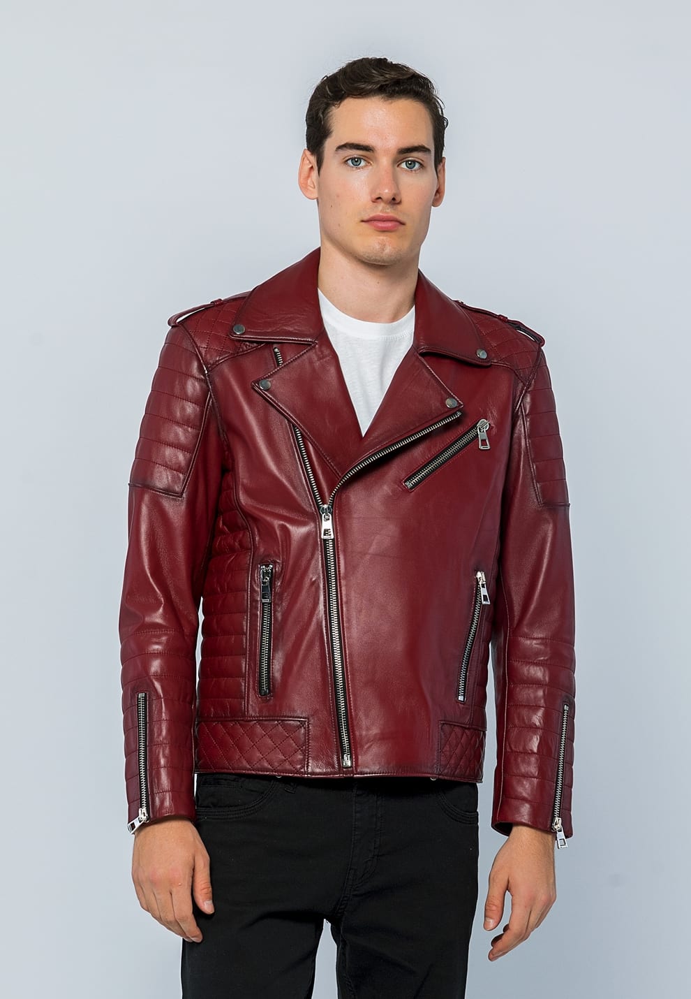 Erkek Biker Deri Ceket  Acik Bordo - Image 2