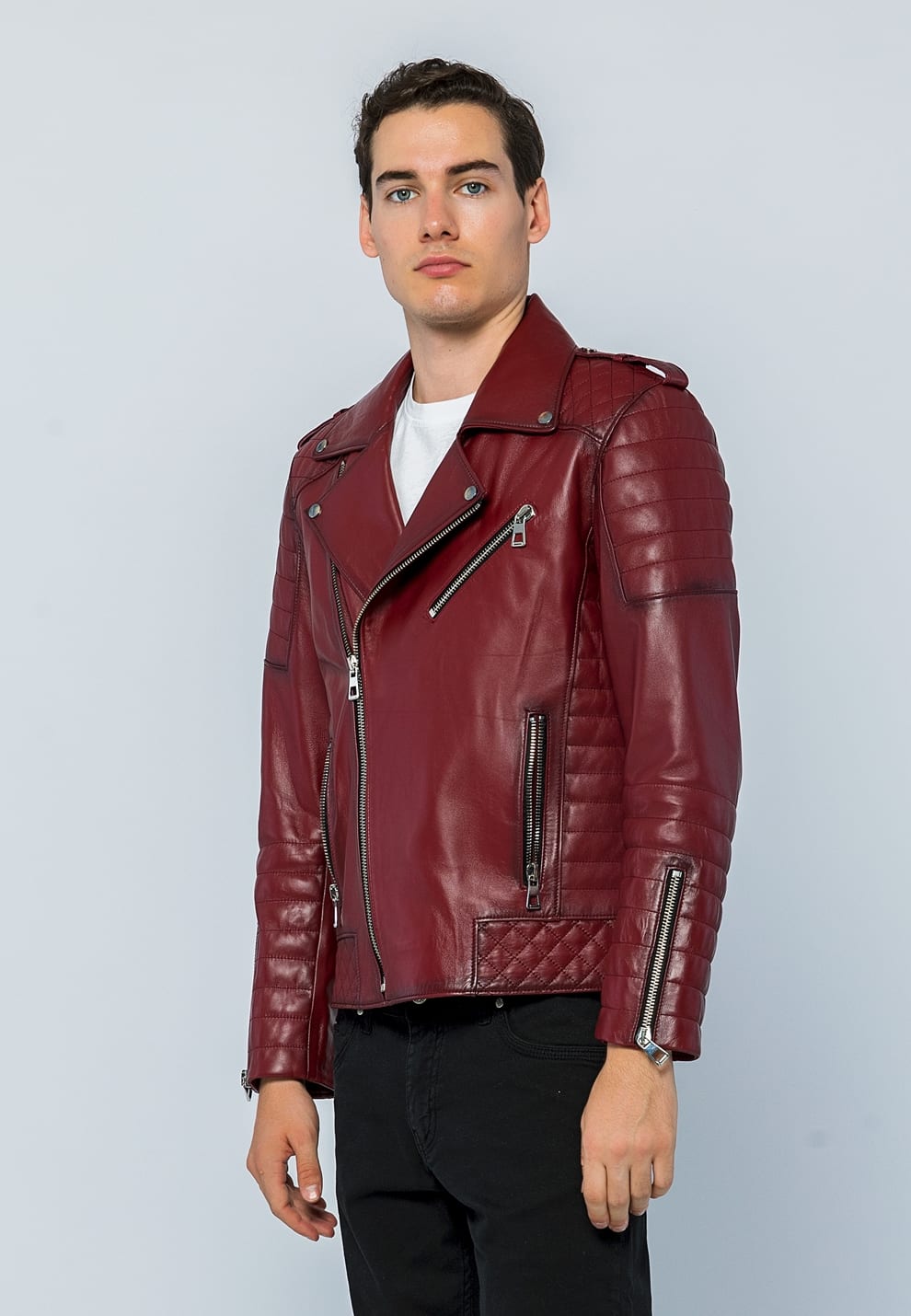 Erkek Biker Deri Ceket  Acik Bordo - Image 3