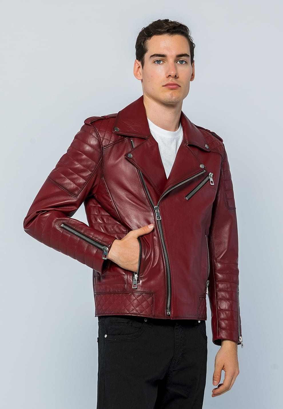 Erkek Biker Deri Ceket  Acik Bordo - Image 4