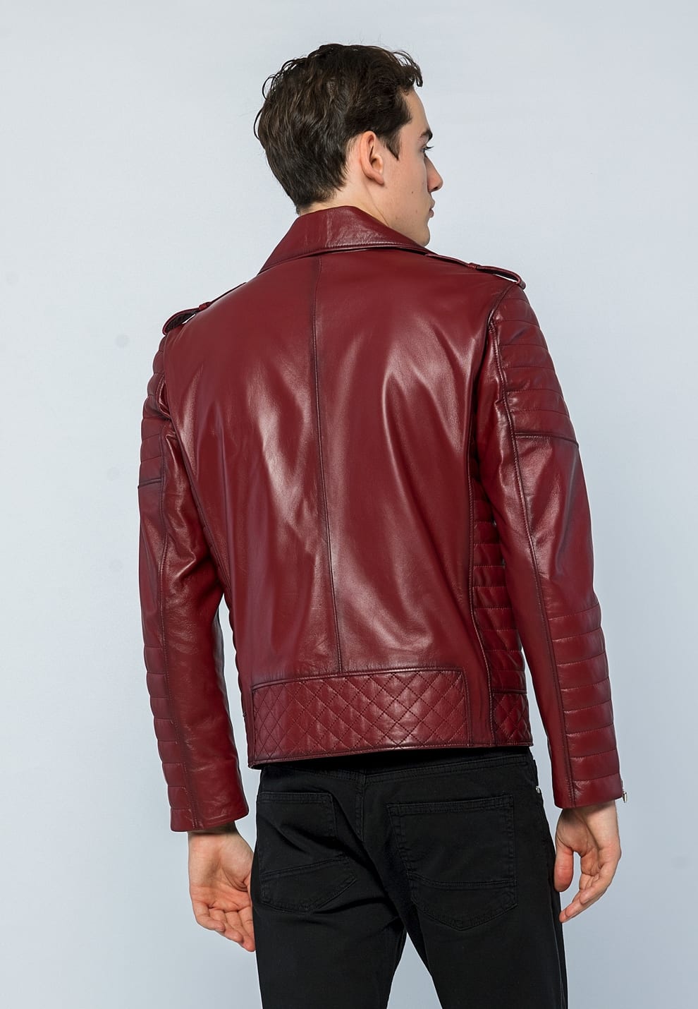 Erkek Biker Deri Ceket  Acik Bordo - Image 5