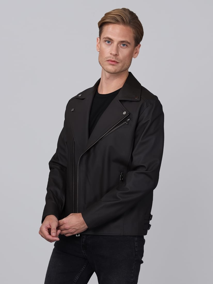 Erkek Biker Deri Ceket  Kahverengi - Image 3