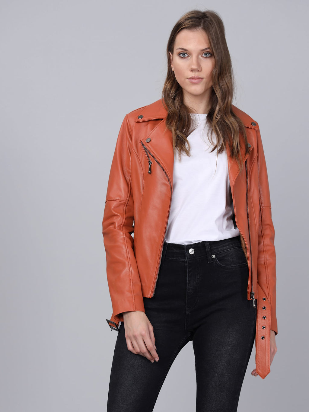 Kadin Biker Deri Ceket Kiremit - Image 4