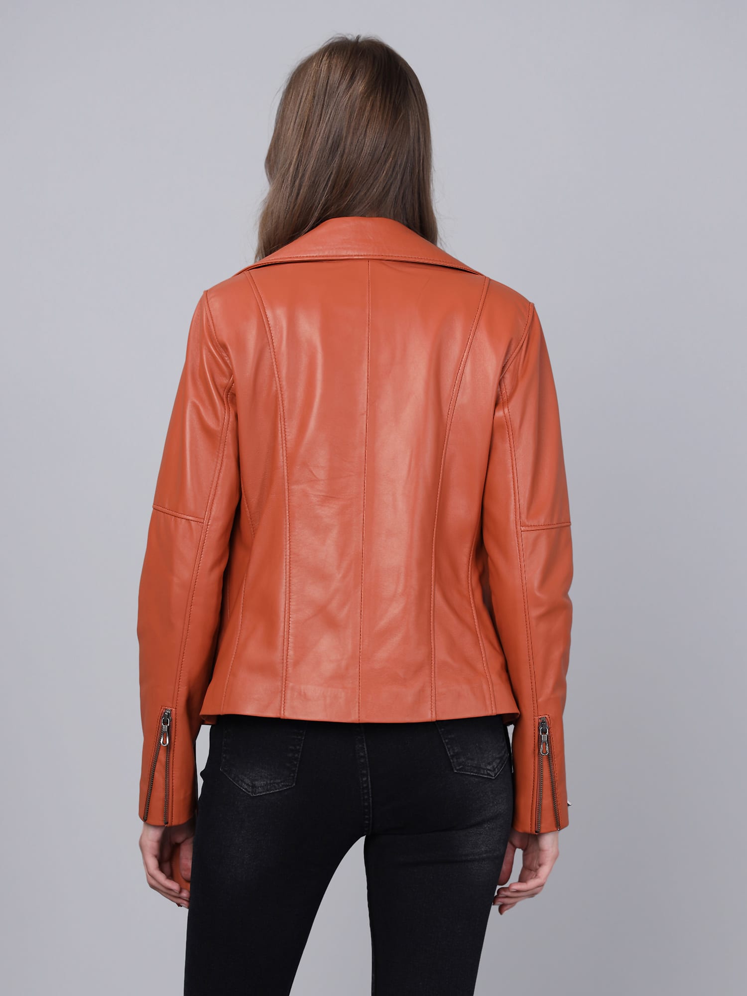 Kadin Biker Deri Ceket Kiremit - Image 5