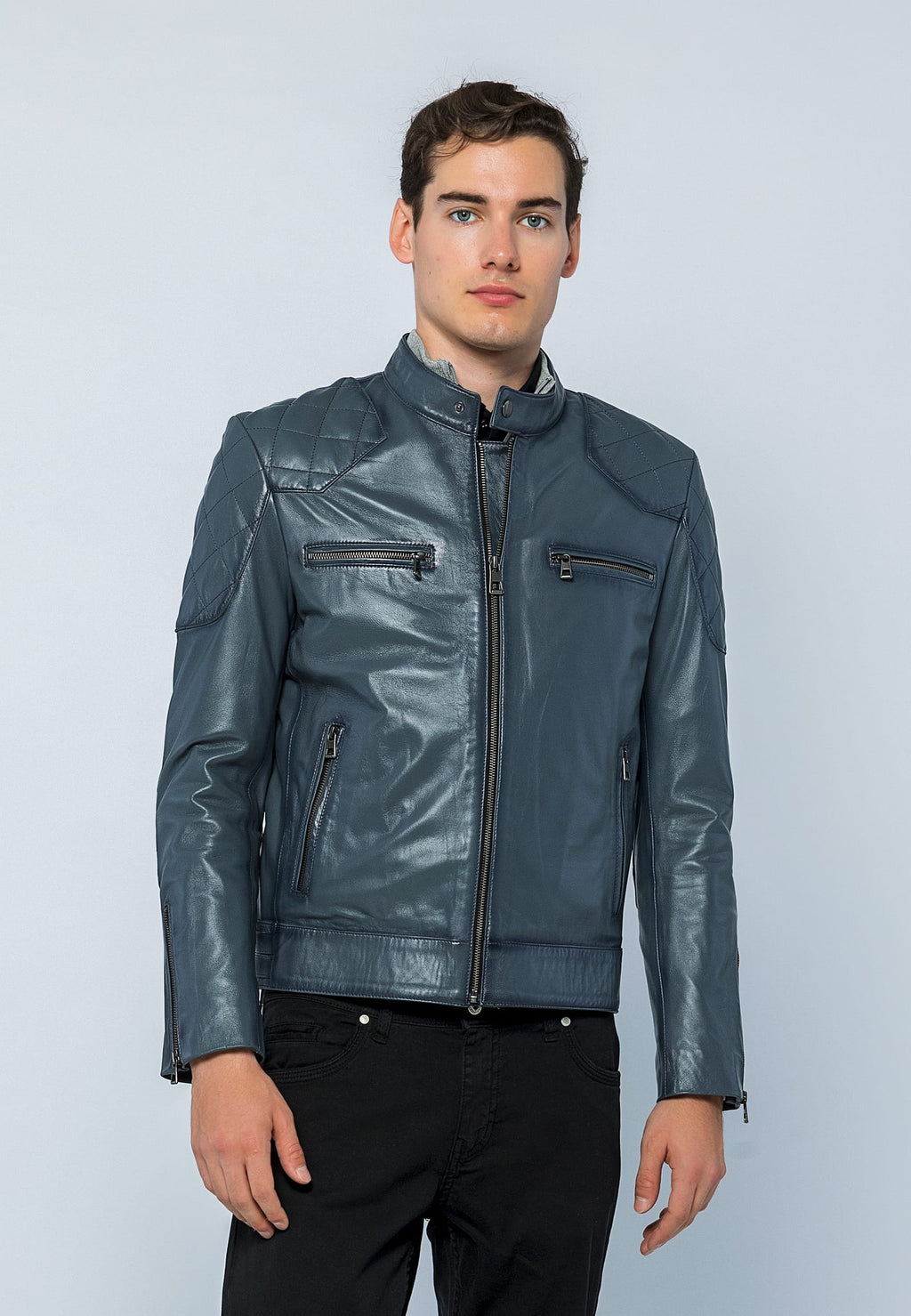 Erkek Biker Deri Ceket Gri - Image 2