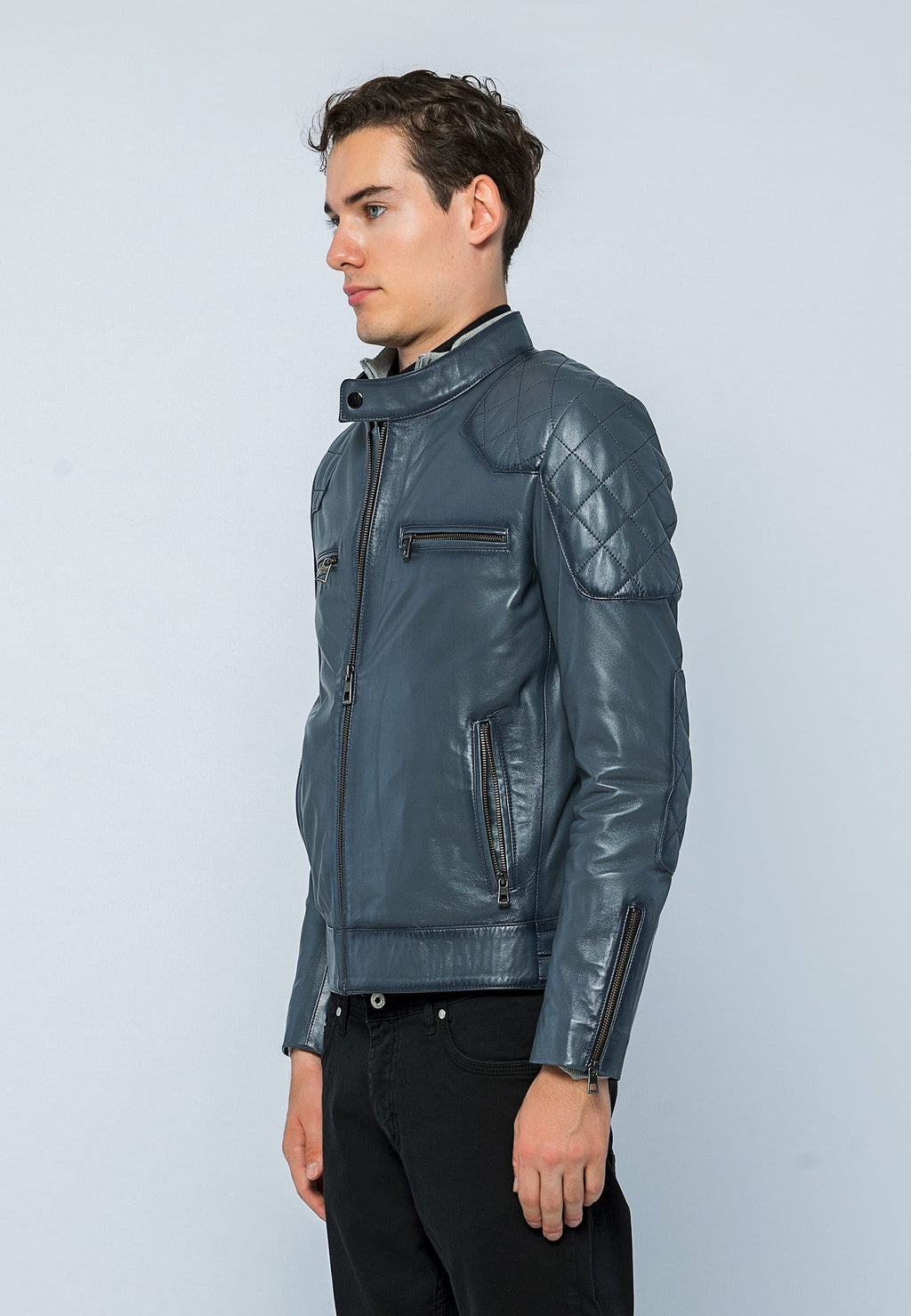 Erkek Biker Deri Ceket Gri - Image 3